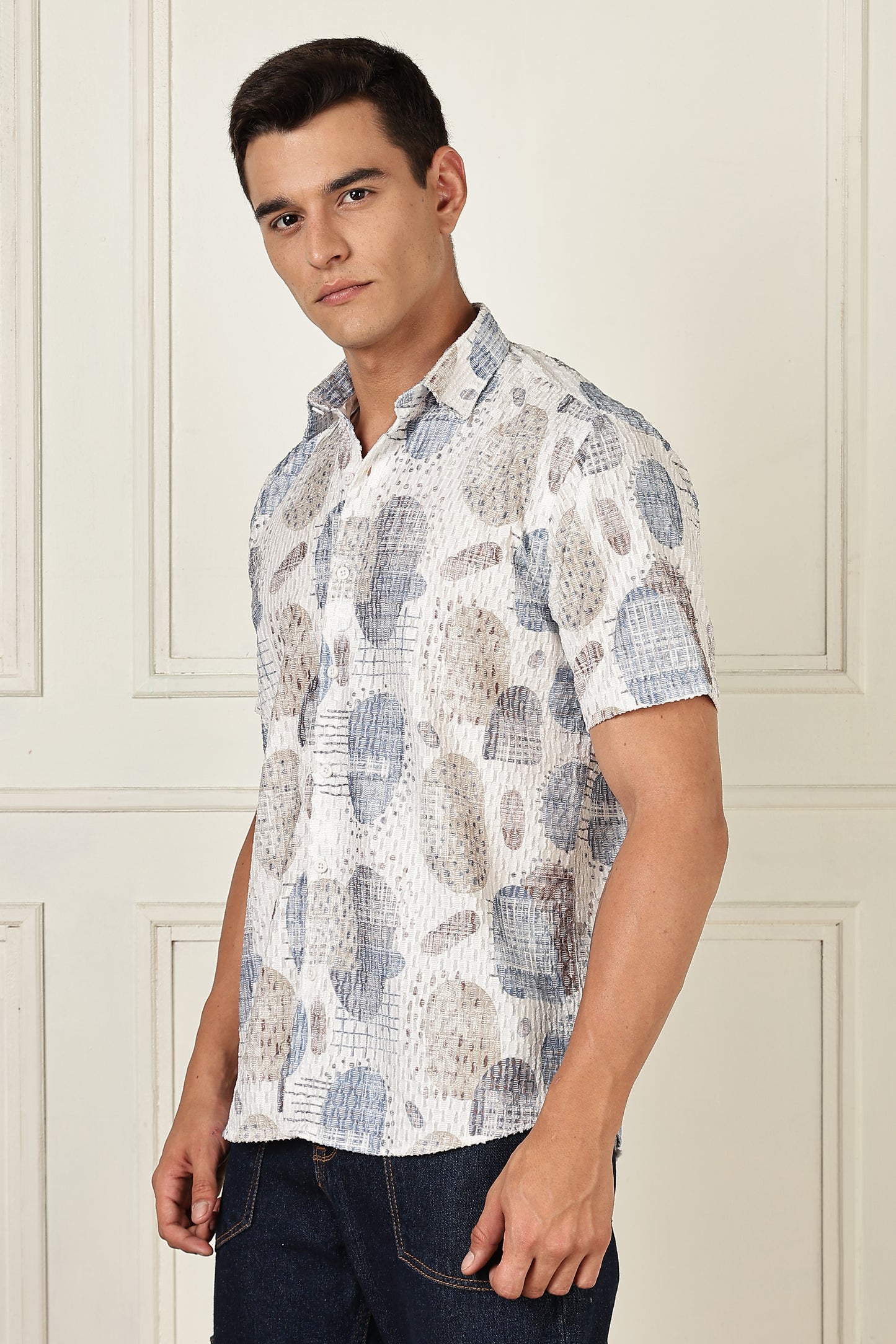 White & Slate Abstract Print Short-Sleeve Cotton Shirt