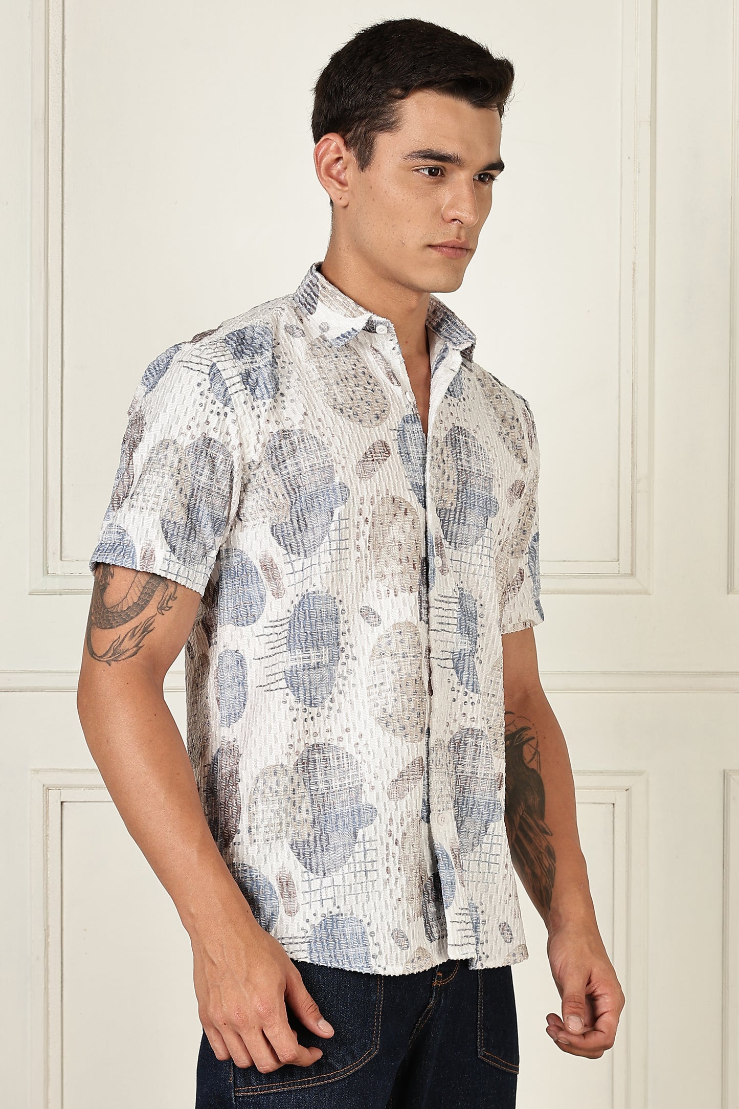 White & Slate Abstract Print Short-Sleeve Cotton Shirt