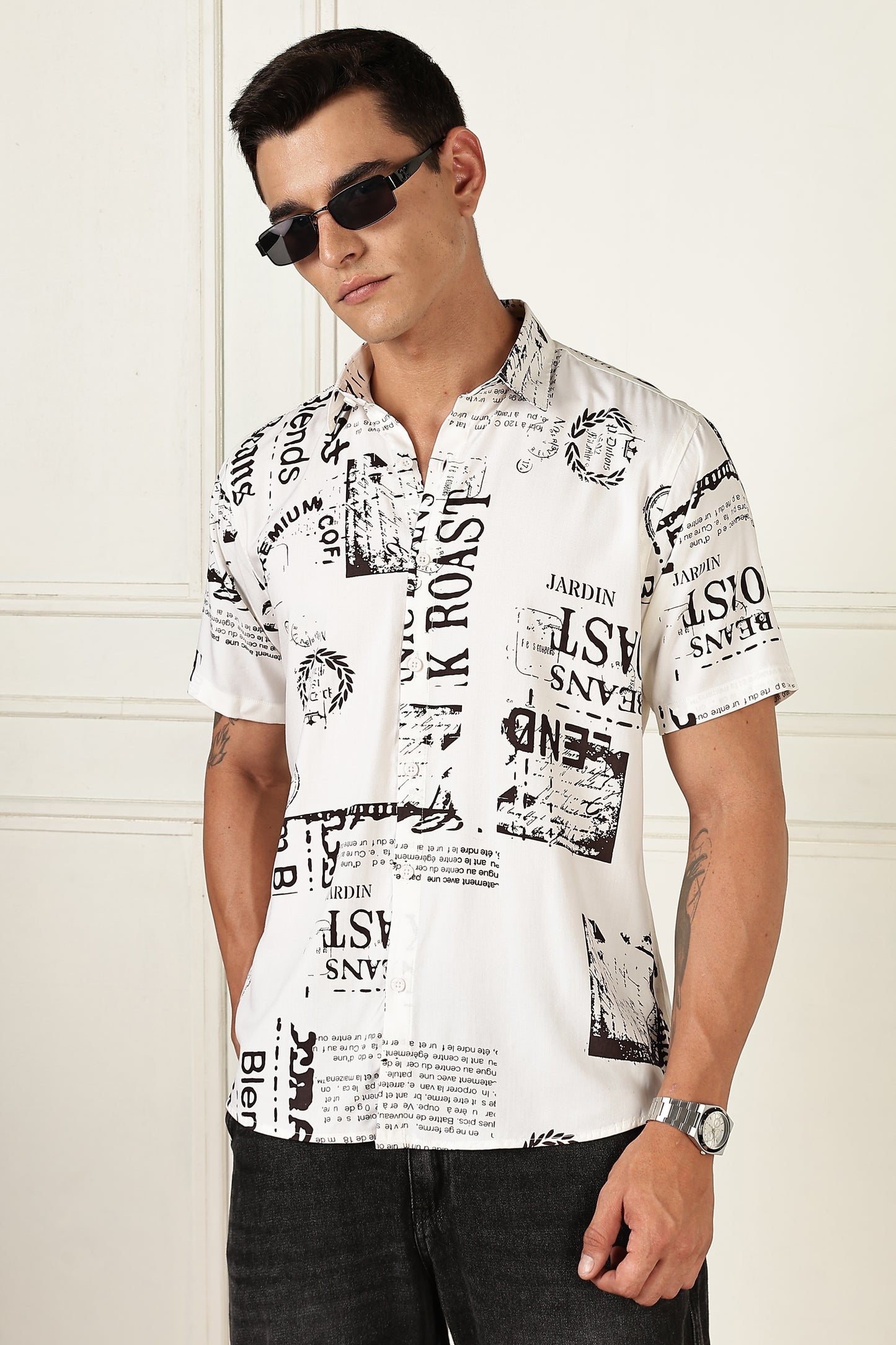 Men’s Coffee Newspaper Typography Print Short-Sleeve Shirt – White/Black