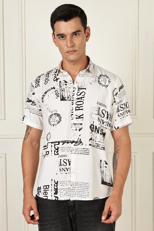 Men’s Coffee Newspaper Typography Print Short-Sleeve Shirt – White/Black
