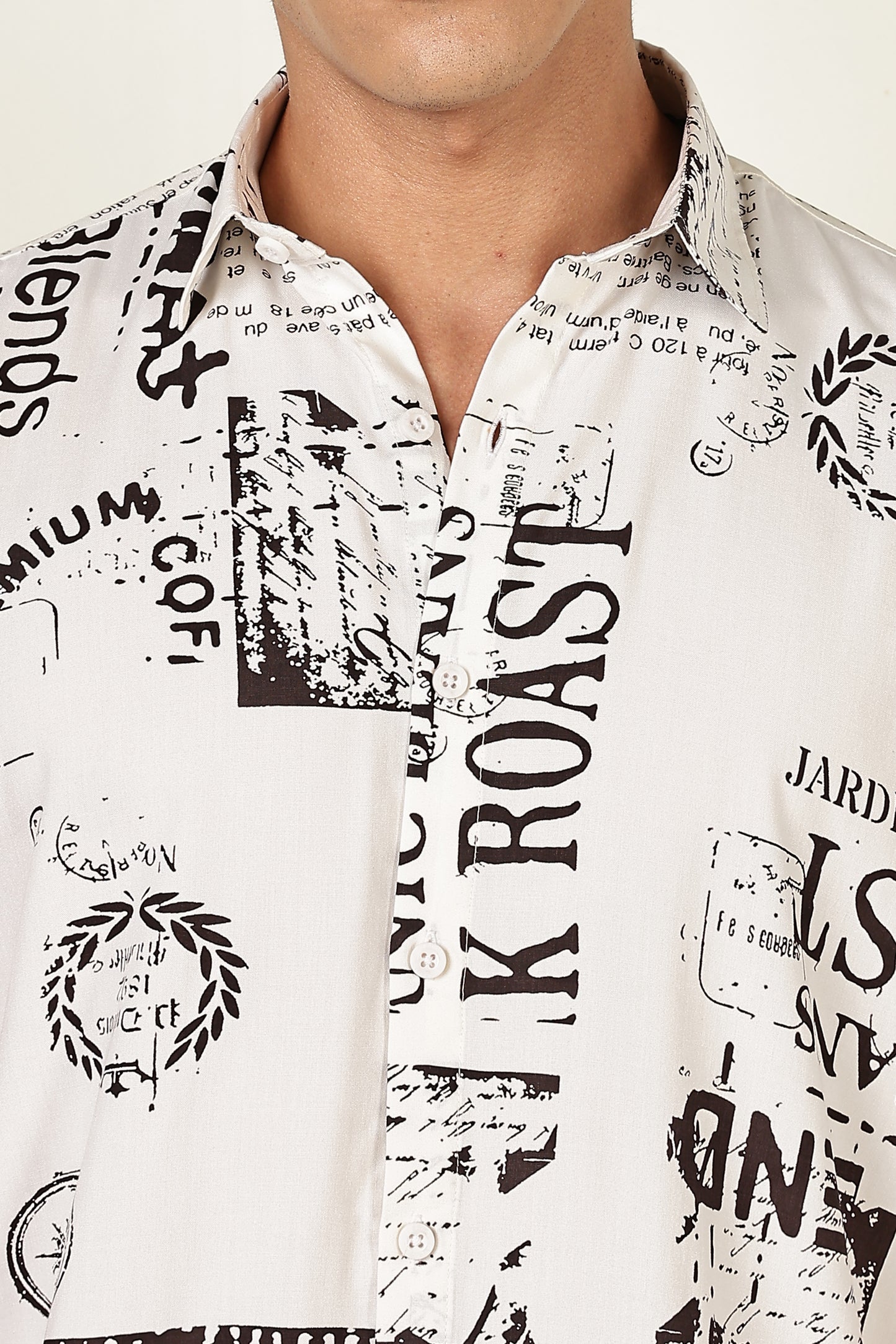 Men’s Coffee Newspaper Typography Print Short-Sleeve Shirt – White/Black