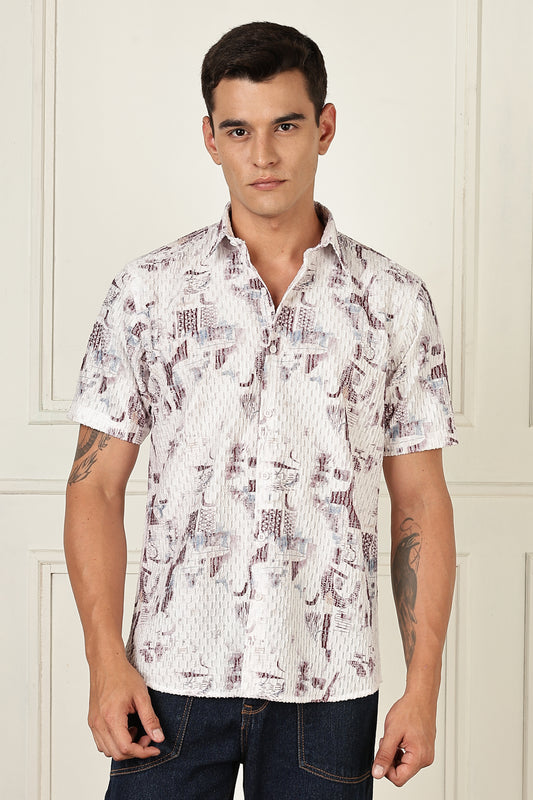 Men’s Subtle Abstract Print Short-Sleeve Shirt – White/Mauve