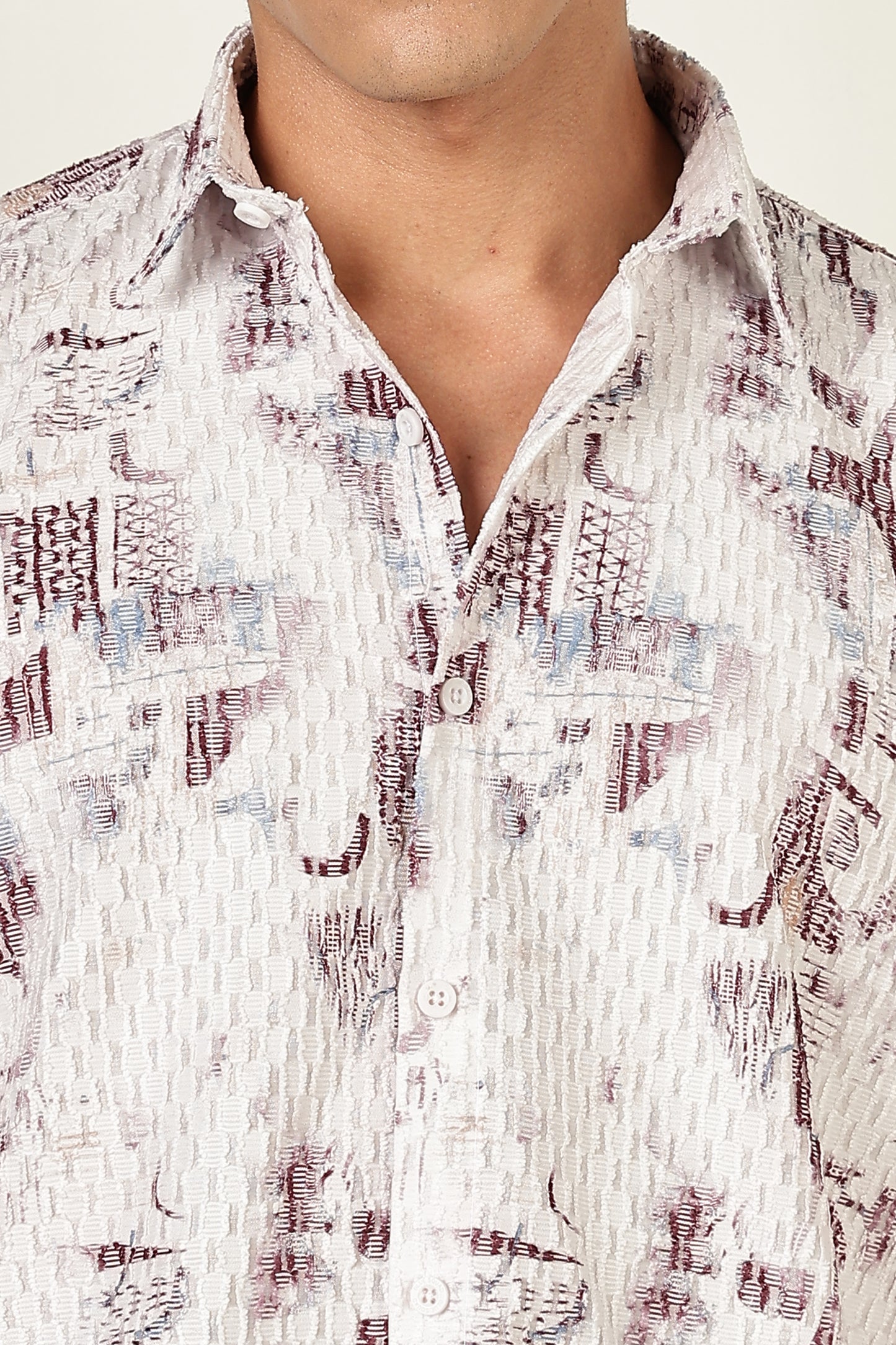 Men’s Subtle Abstract Print Short-Sleeve Shirt – White/Mauve