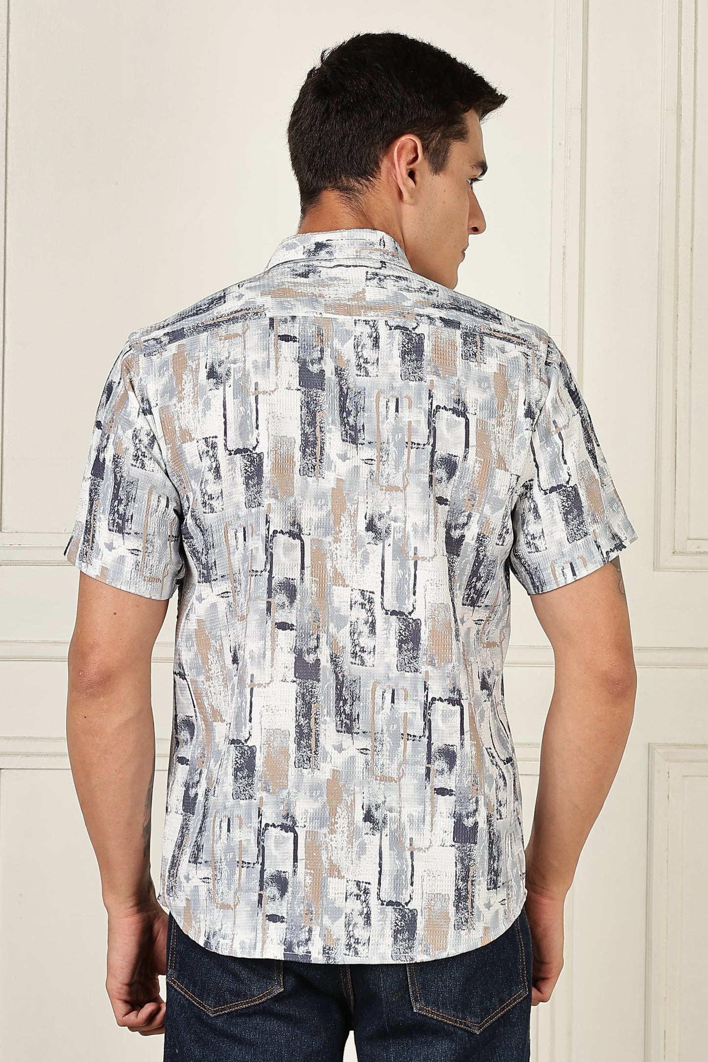 Men’s Brush-Block Print Short-Sleeve Shirt – Stone & Slate