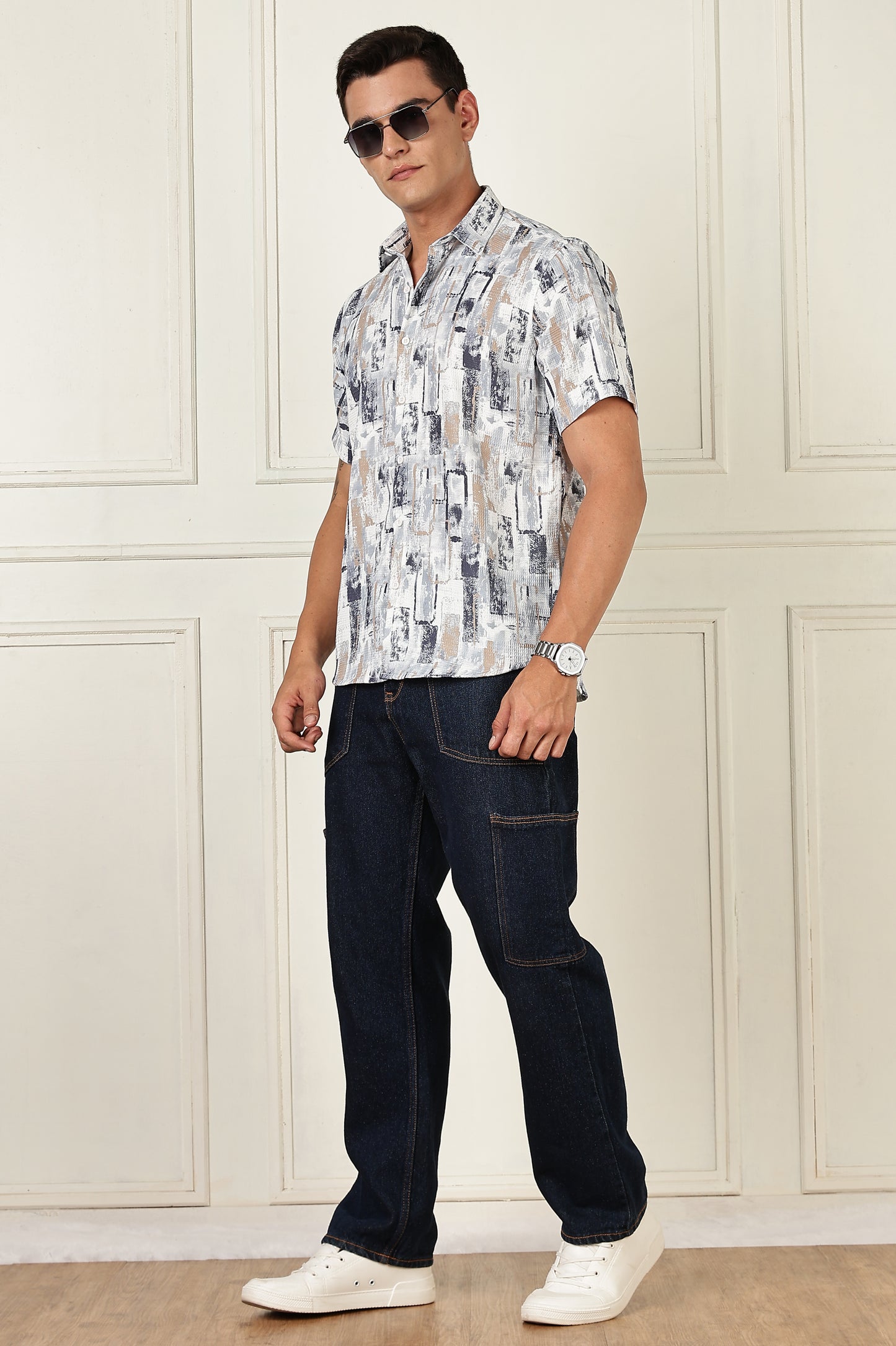 Men’s Brush-Block Print Short-Sleeve Shirt – Stone & Slate