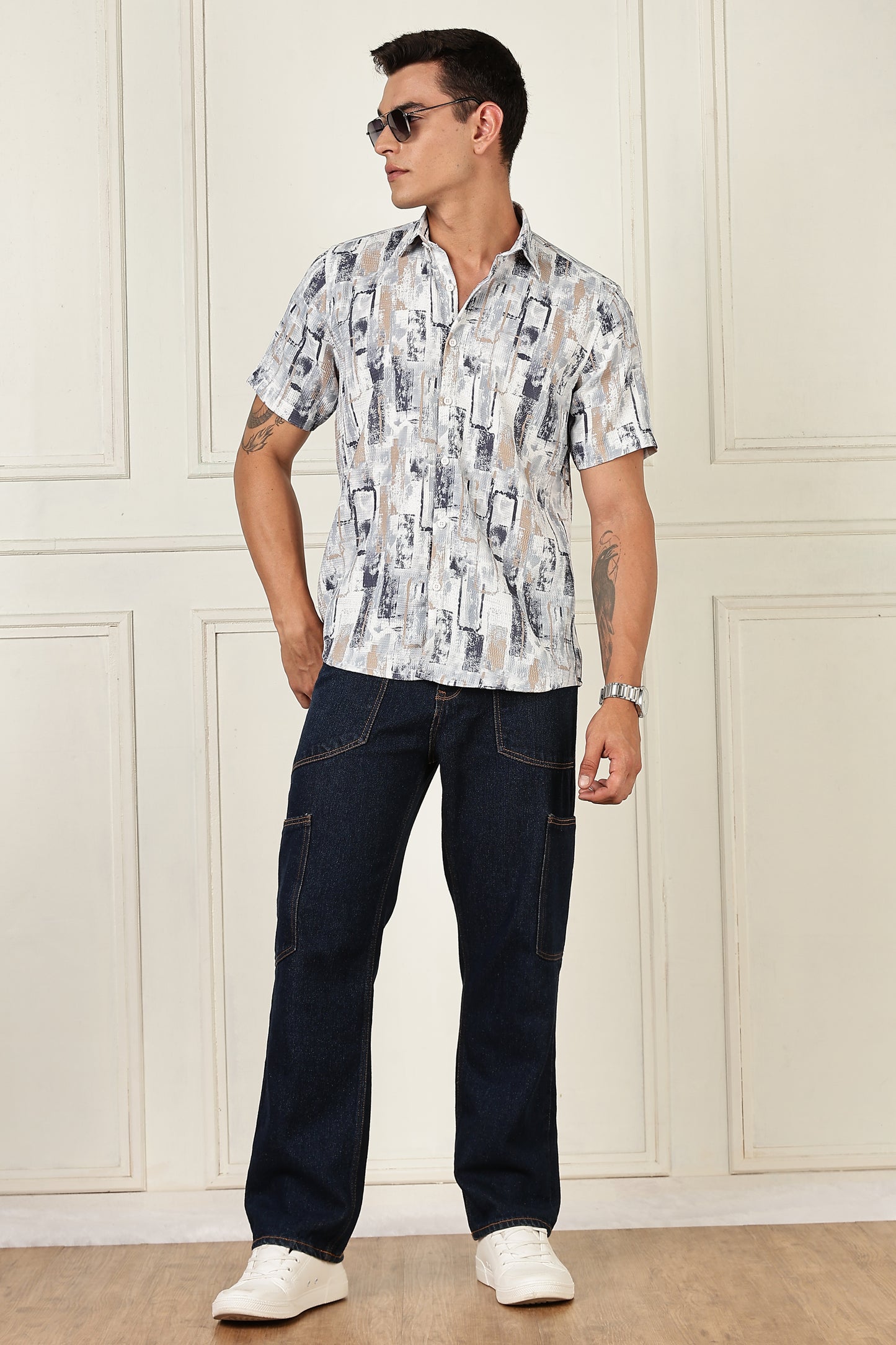 Men’s Brush-Block Print Short-Sleeve Shirt – Stone & Slate