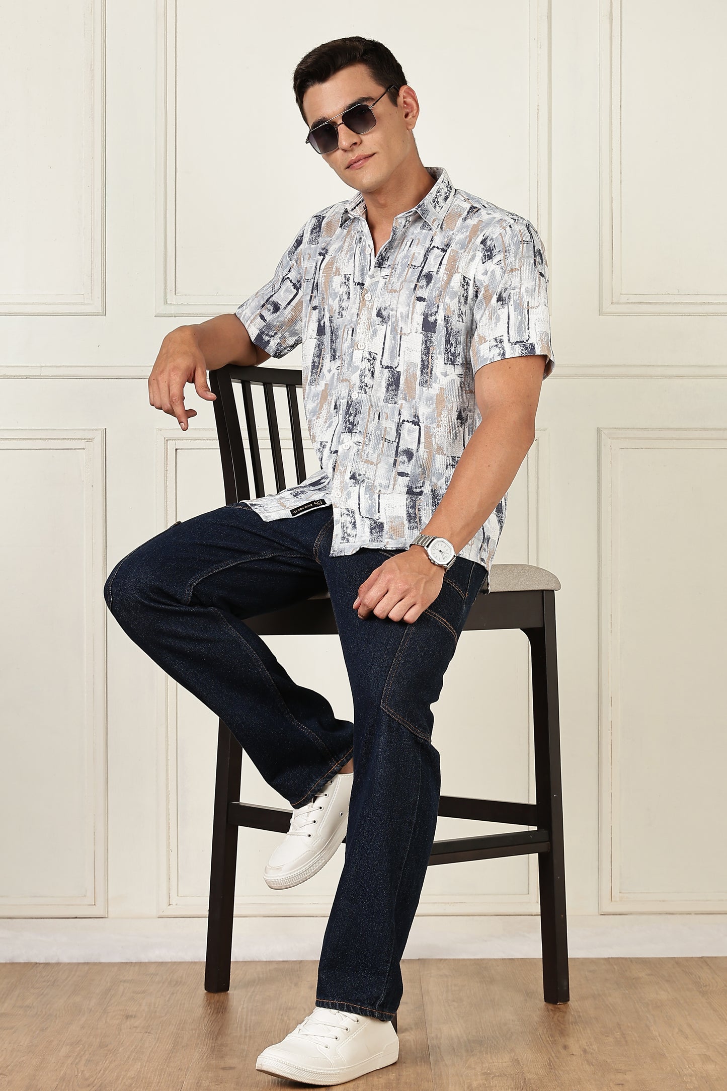 Men’s Brush-Block Print Short-Sleeve Shirt – Stone & Slate