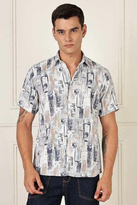 Men’s Brush-Block Print Short-Sleeve Shirt – Stone & Slate
