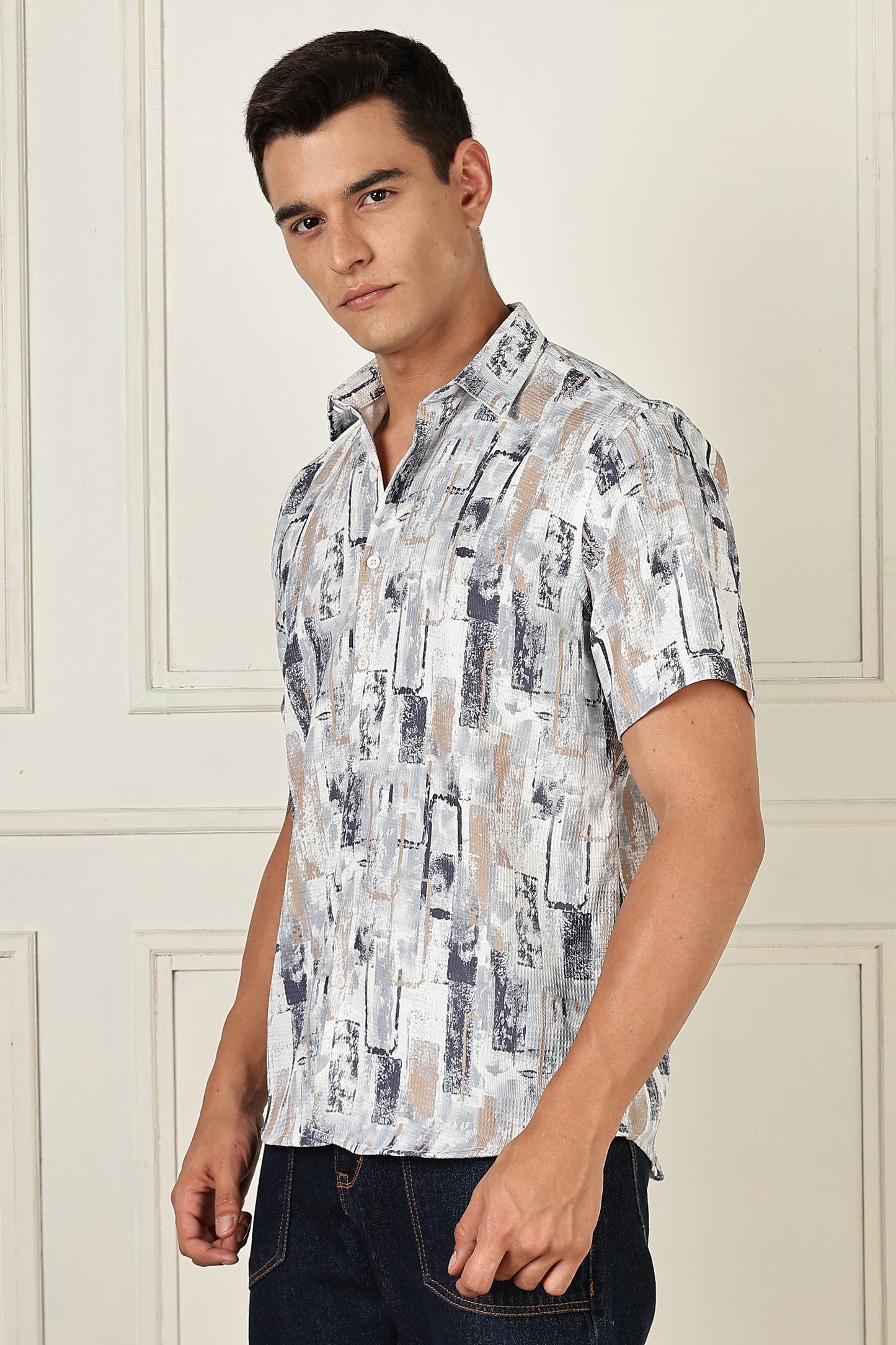 Men’s Brush-Block Print Short-Sleeve Shirt – Stone & Slate