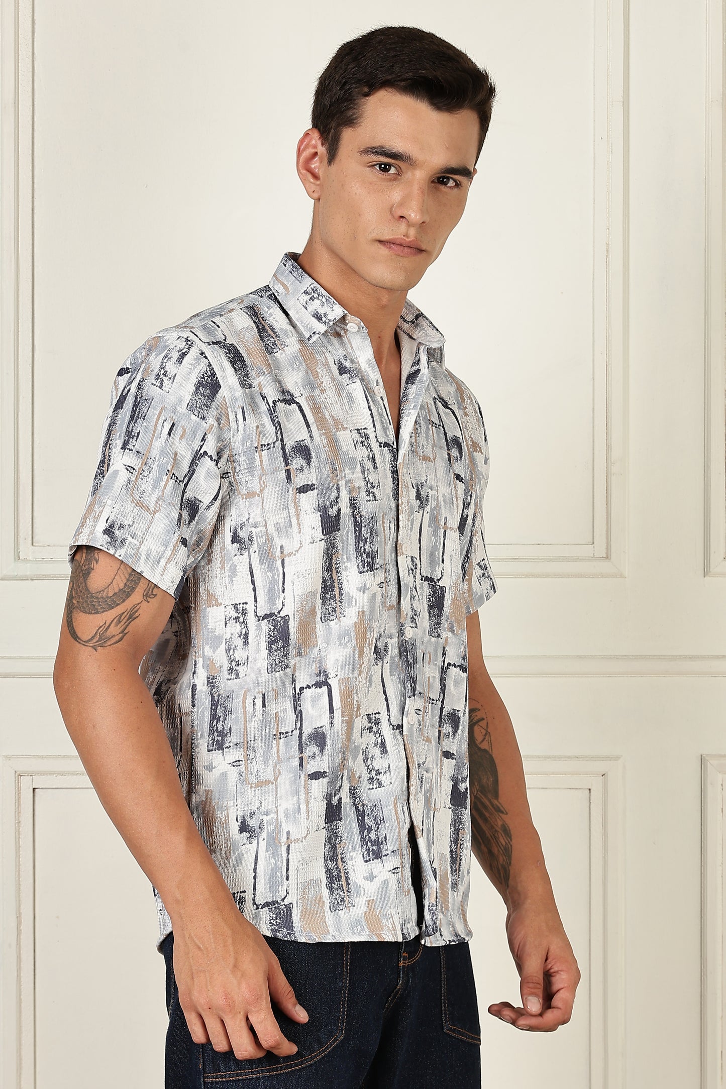 Men’s Brush-Block Print Short-Sleeve Shirt – Stone & Slate