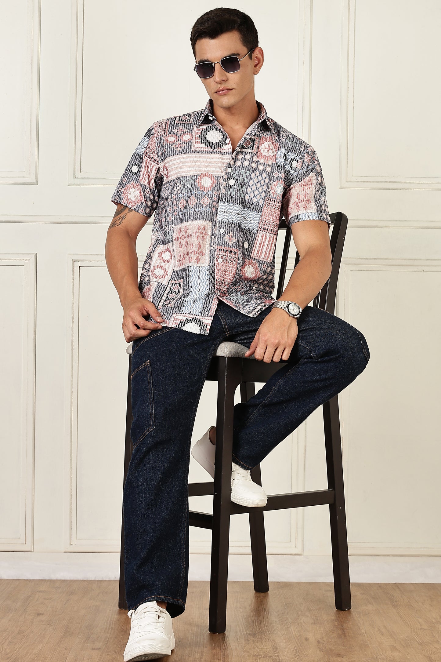 Men’s Patchwork Mosaic Print Short-Sleeve Shirt – Blush & Slate