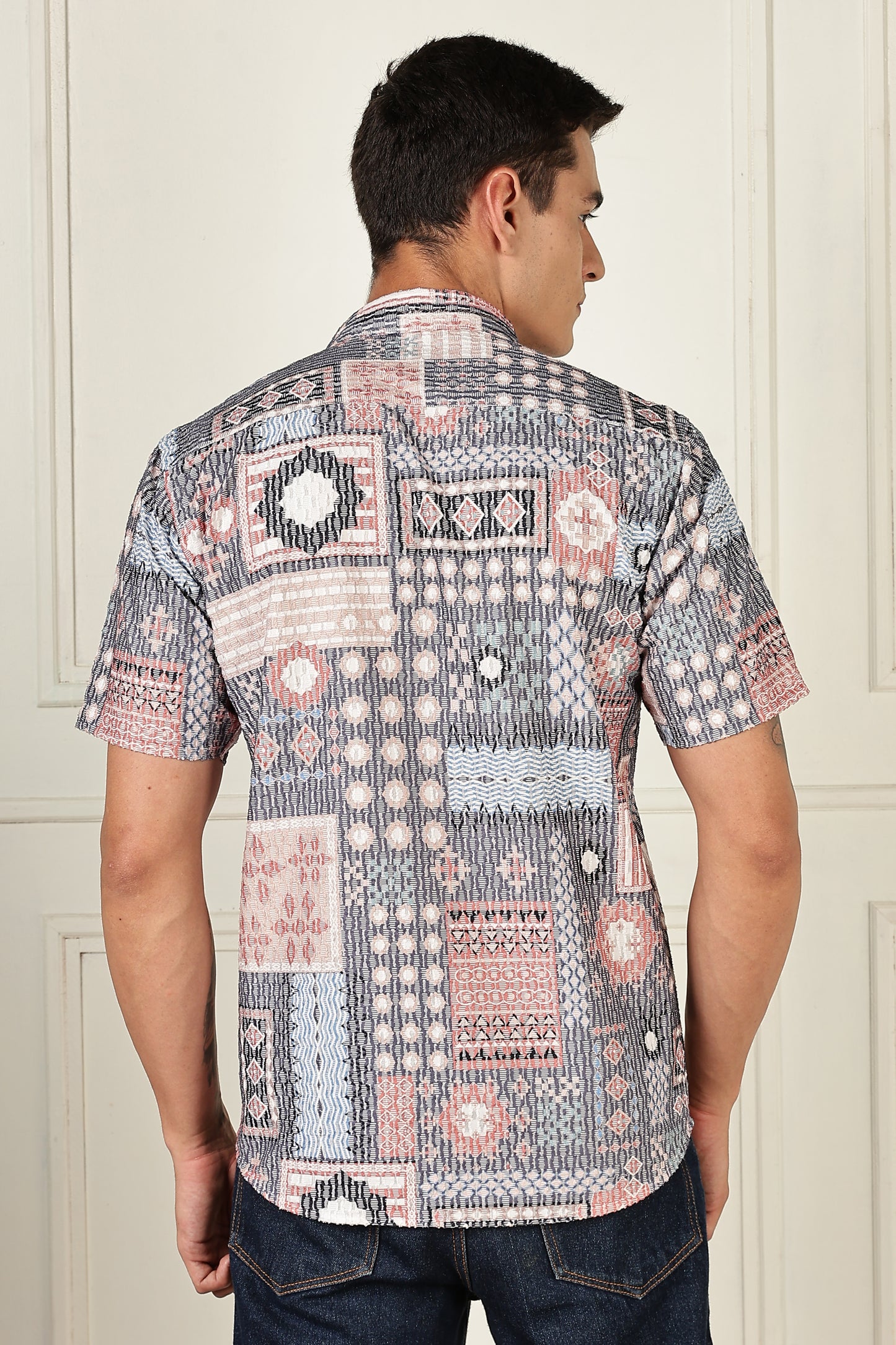 Men’s Patchwork Mosaic Print Short-Sleeve Shirt – Blush & Slate
