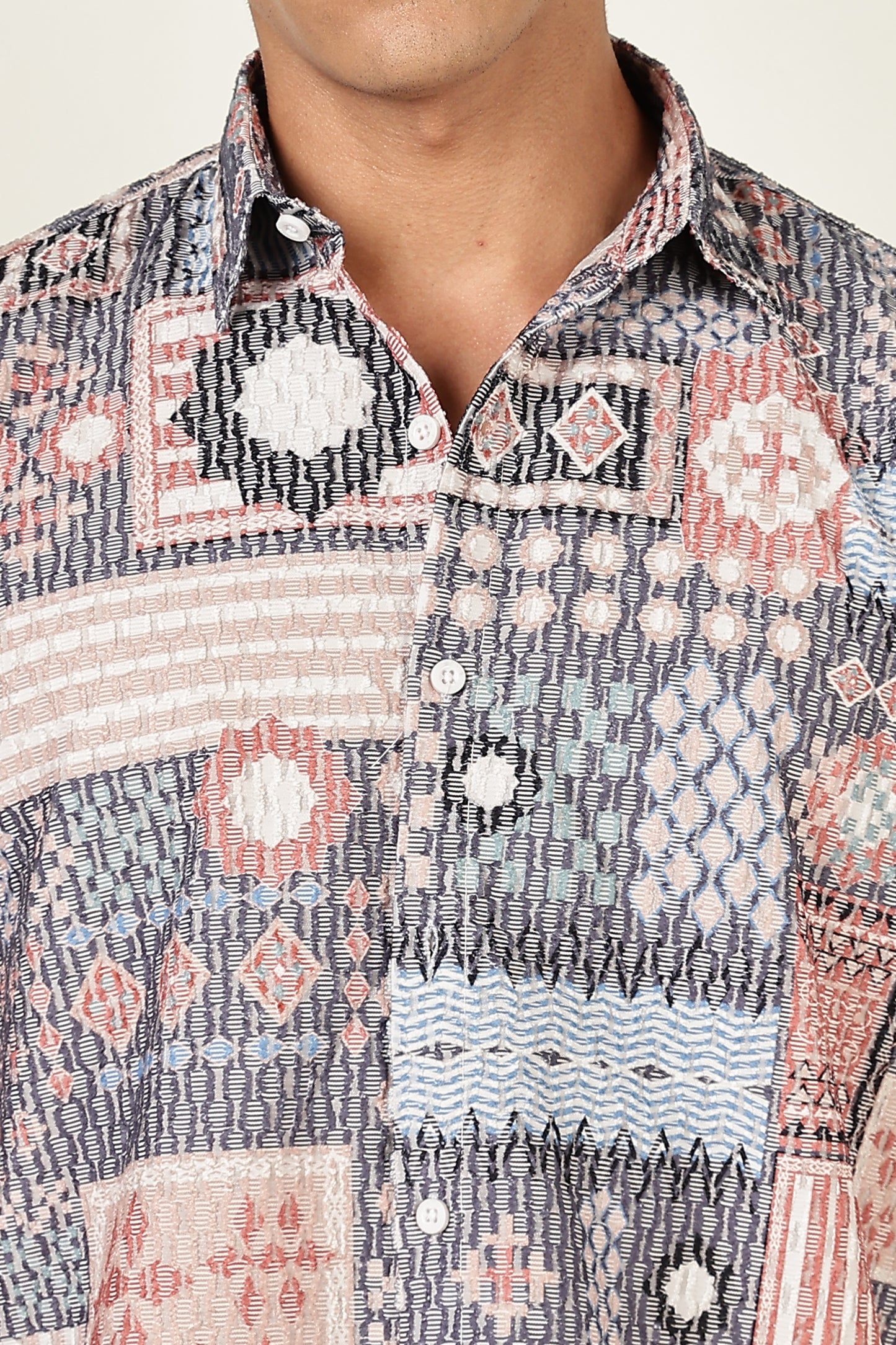 Men’s Patchwork Mosaic Print Short-Sleeve Shirt – Blush & Slate