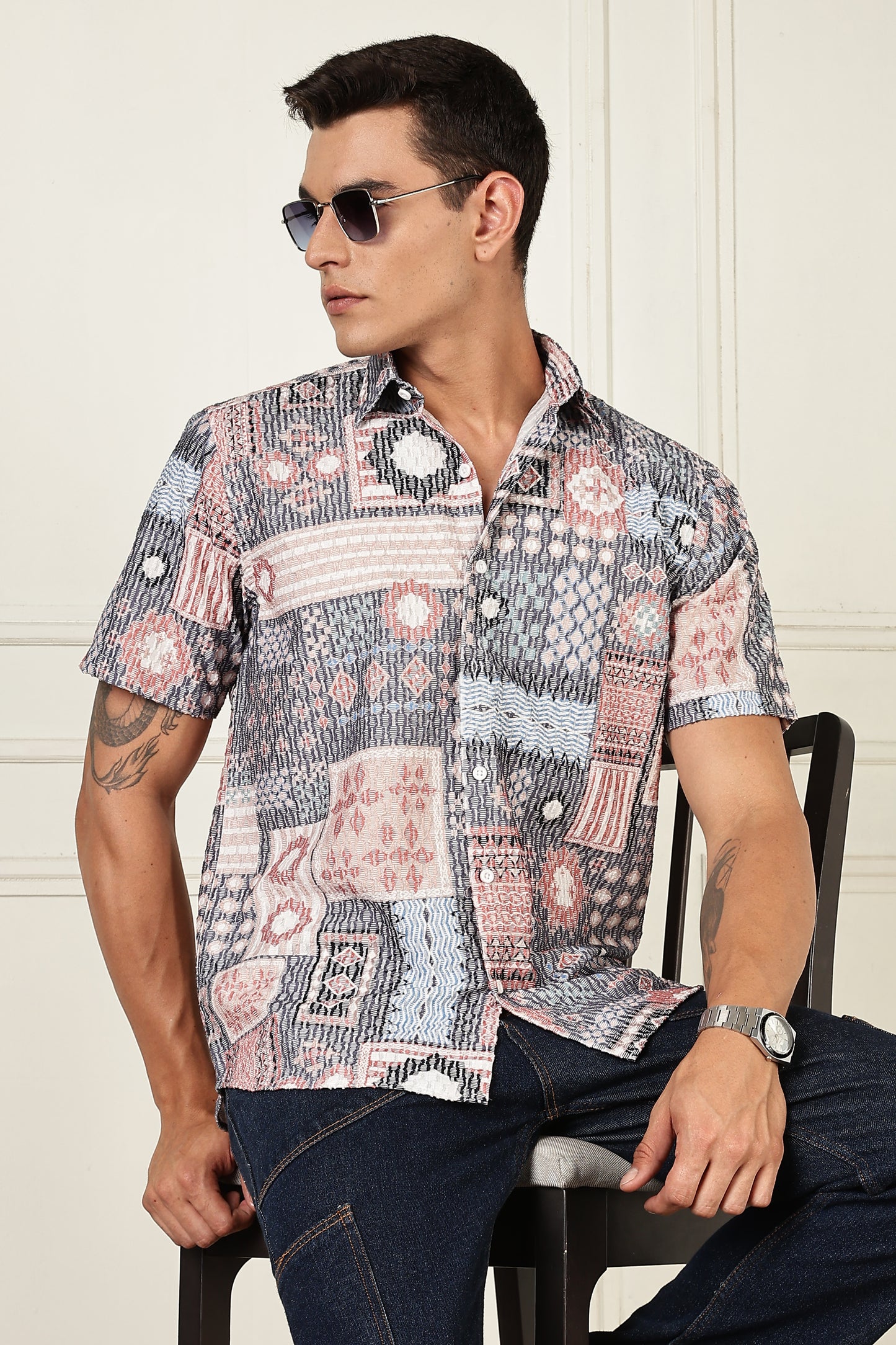 Men’s Patchwork Mosaic Print Short-Sleeve Shirt – Blush & Slate