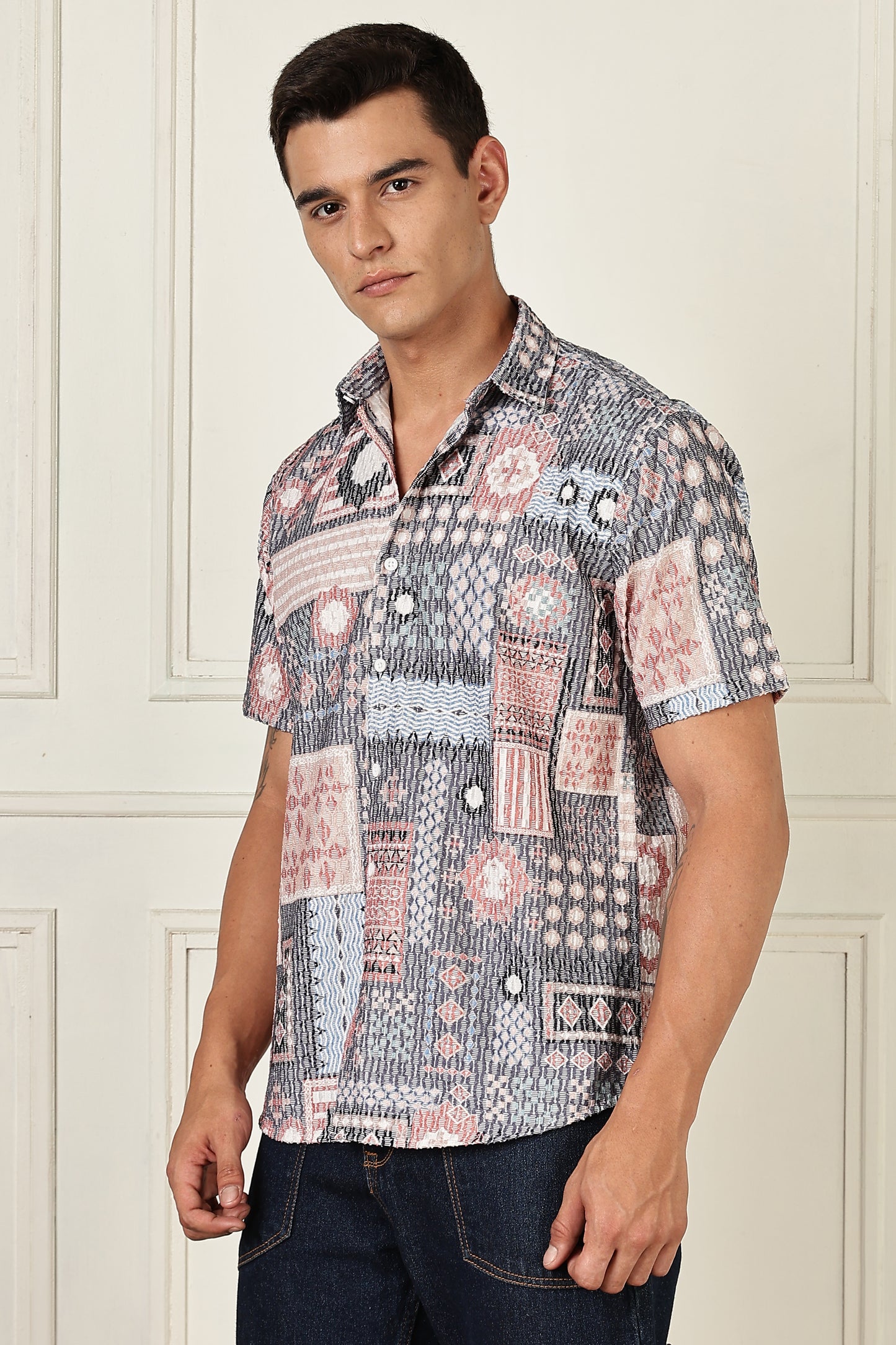 Men’s Patchwork Mosaic Print Short-Sleeve Shirt – Blush & Slate
