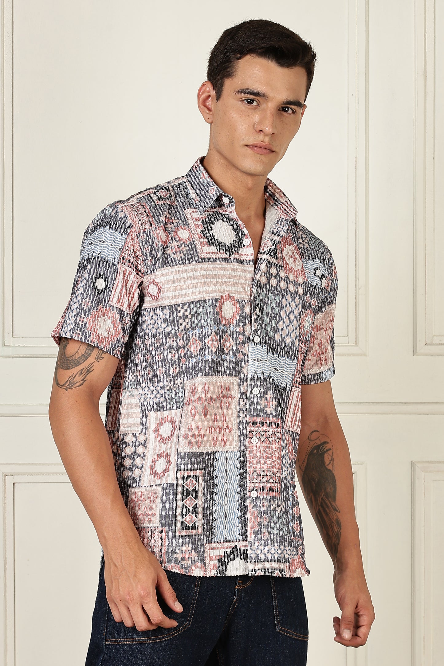 Men’s Patchwork Mosaic Print Short-Sleeve Shirt – Blush & Slate