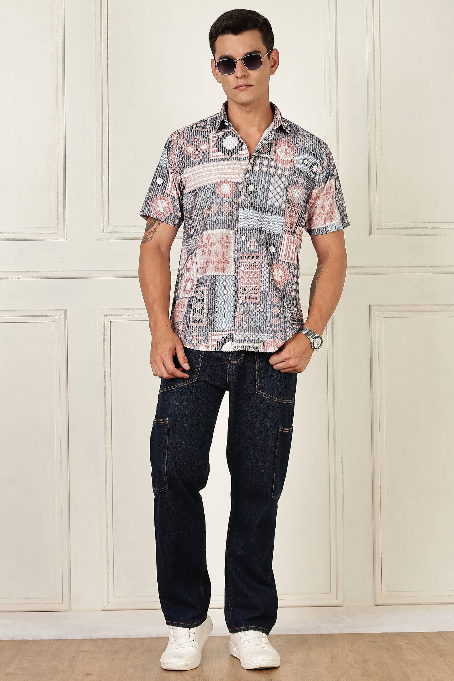Men’s Patchwork Mosaic Print Short-Sleeve Shirt – Blush & Slate