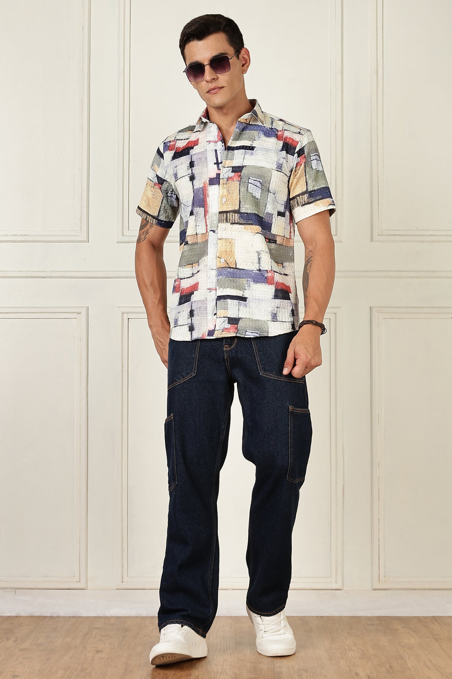 Men’s Painterly Block Print Short-Sleeve Shirt with Woven Grid Texture