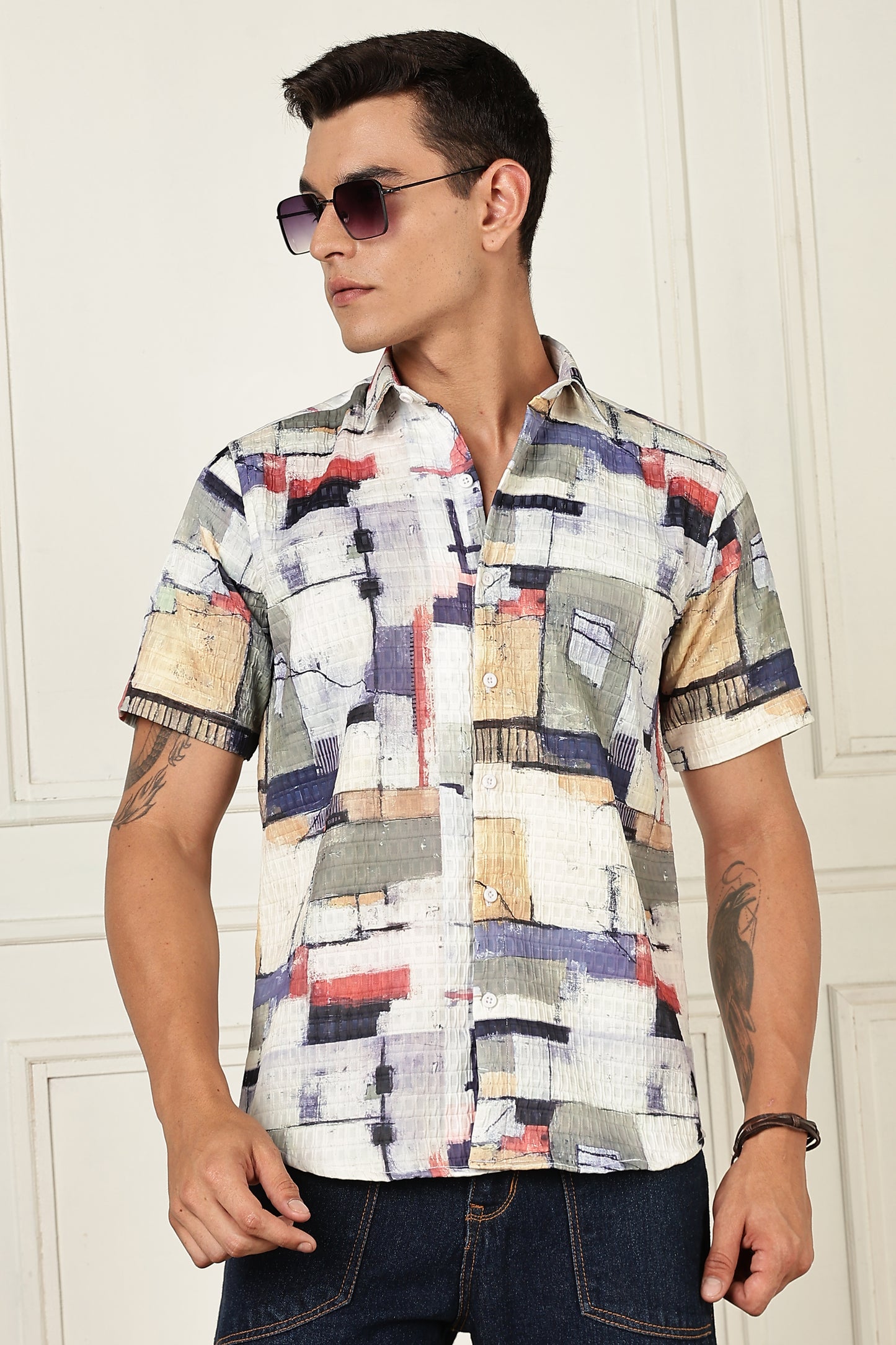 Men’s Painterly Block Print Short-Sleeve Shirt with Woven Grid Texture