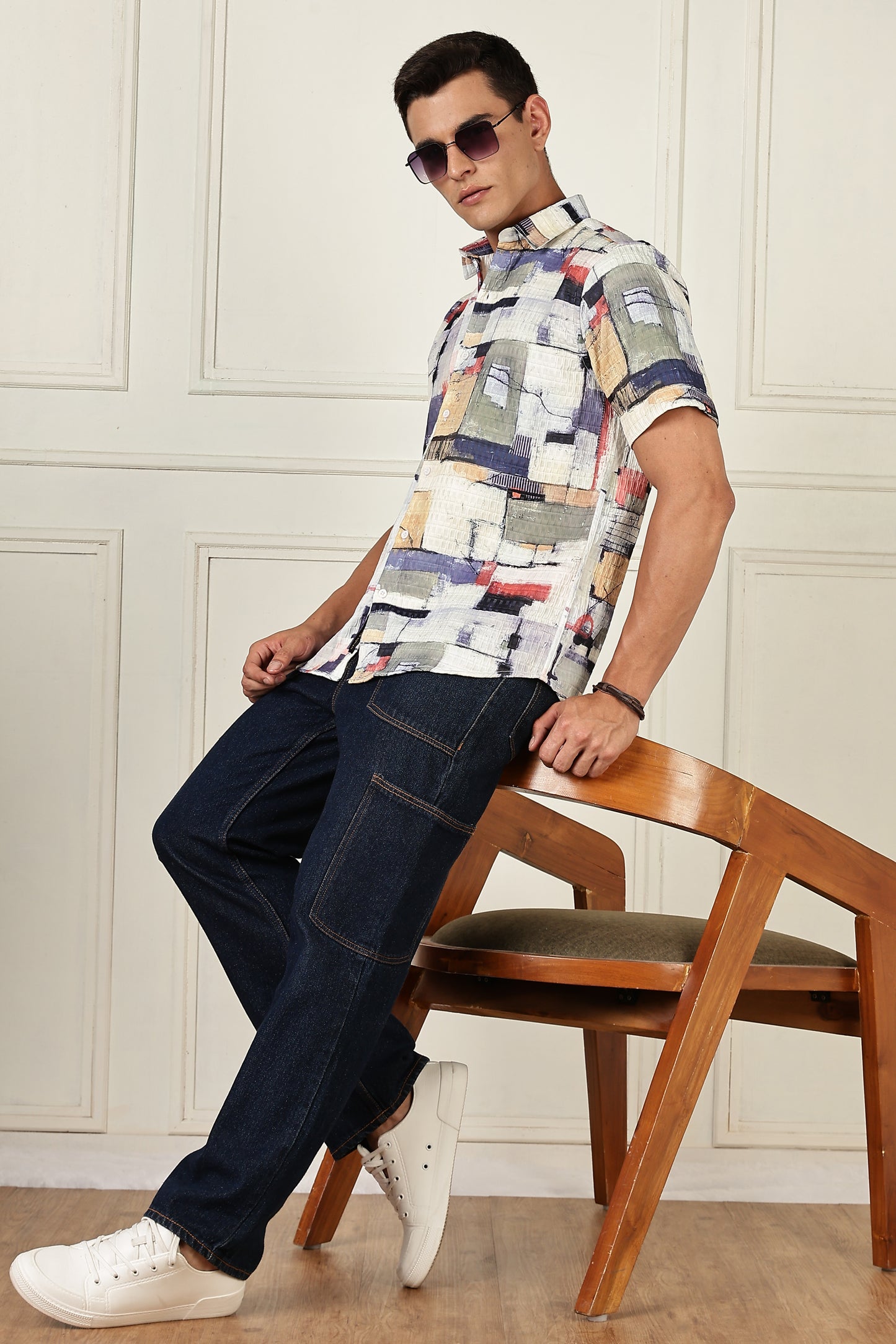 Men’s Painterly Block Print Short-Sleeve Shirt with Woven Grid Texture