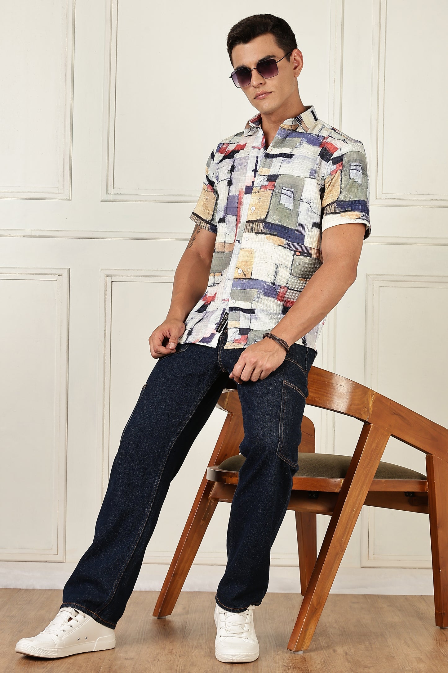 Men’s Painterly Block Print Short-Sleeve Shirt with Woven Grid Texture