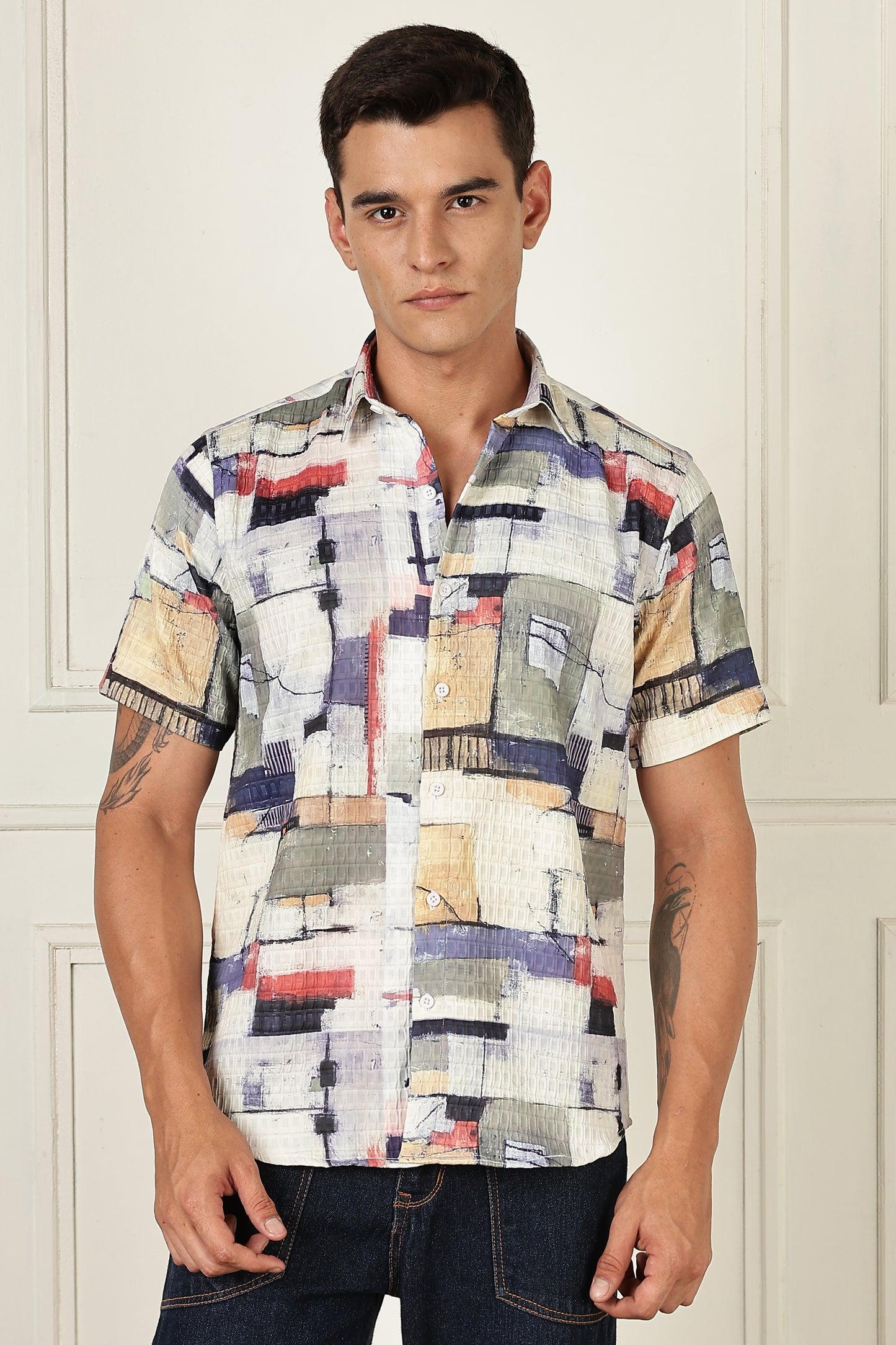 Men’s Painterly Block Print Short-Sleeve Shirt with Woven Grid Texture