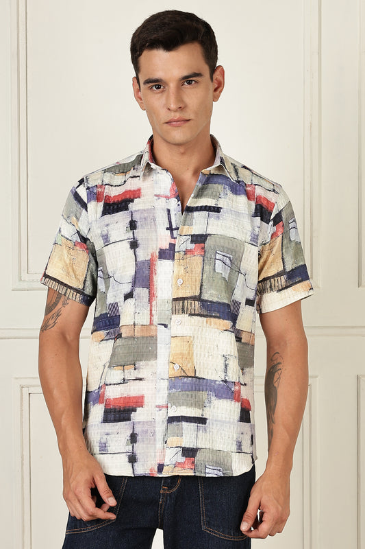 Men’s Painterly Block Print Short-Sleeve Shirt with Woven Grid Texture