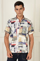 Men’s Painterly Block Print Short-Sleeve Shirt with Woven Grid Texture