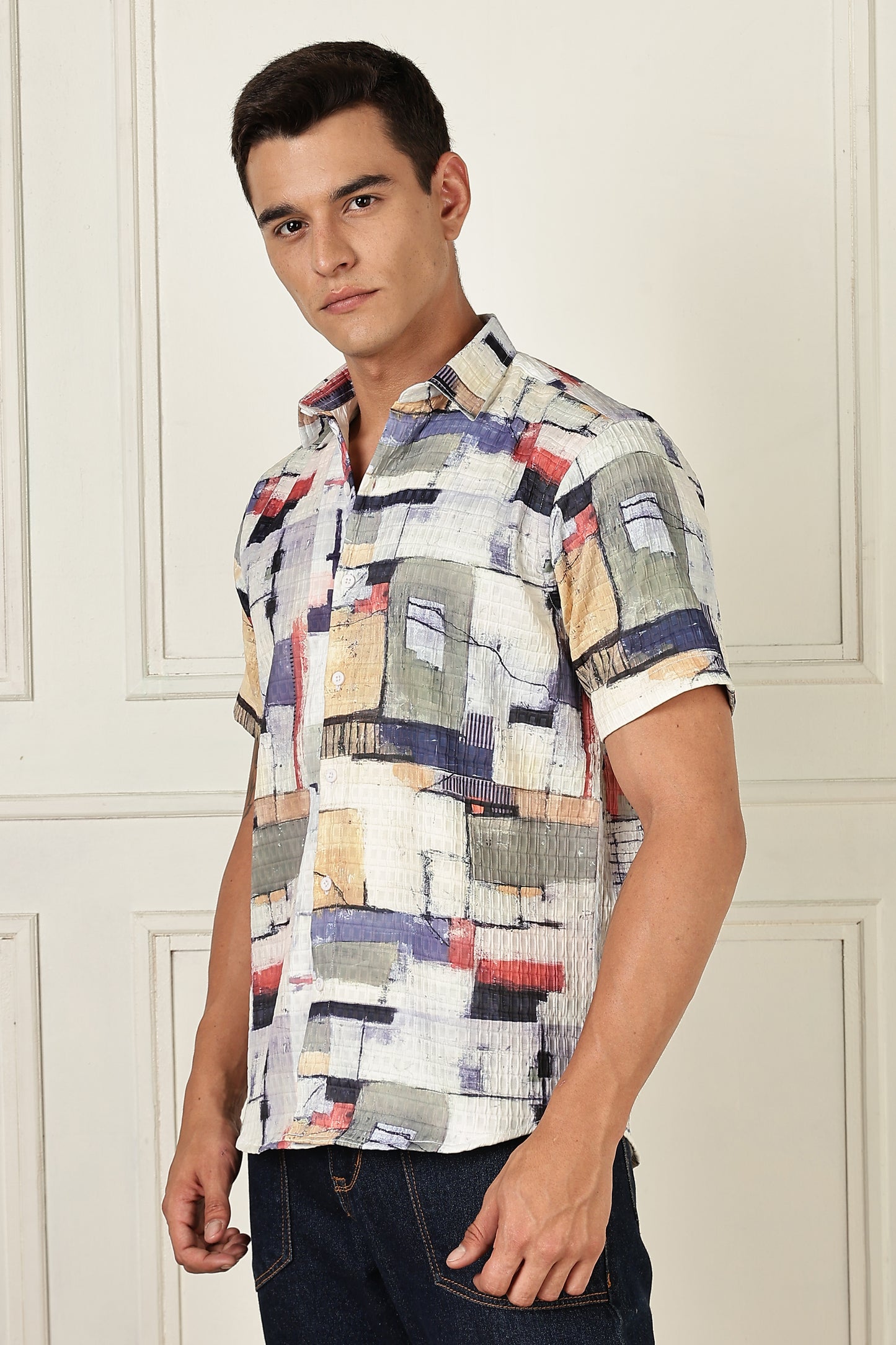Men’s Painterly Block Print Short-Sleeve Shirt with Woven Grid Texture