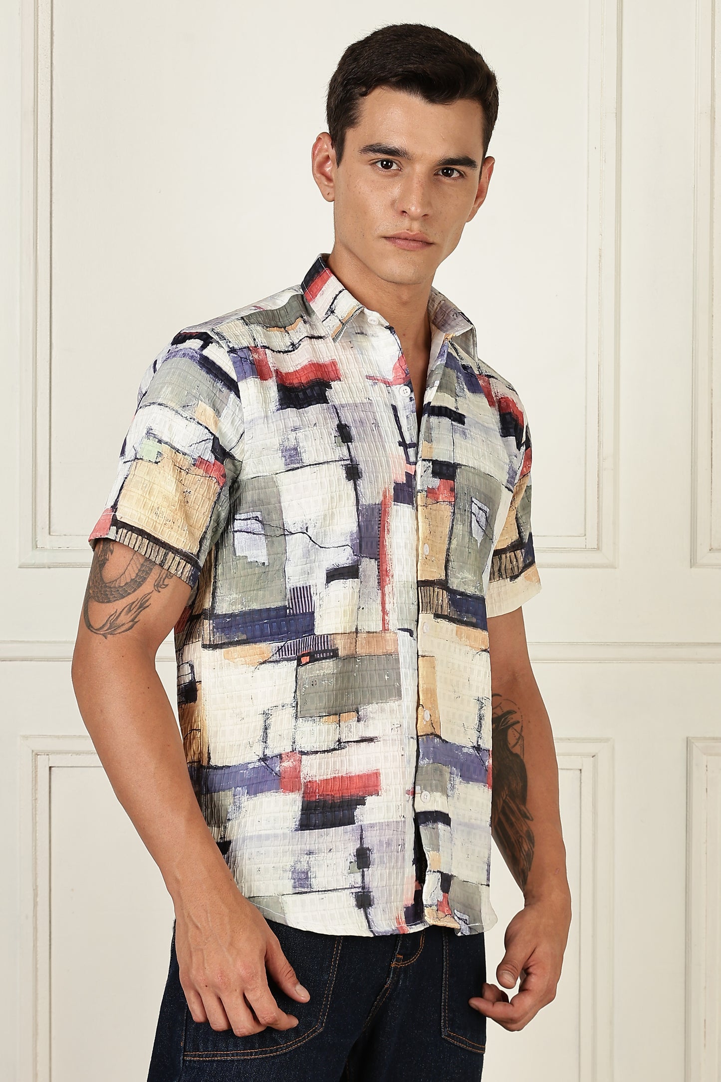 Men’s Painterly Block Print Short-Sleeve Shirt with Woven Grid Texture