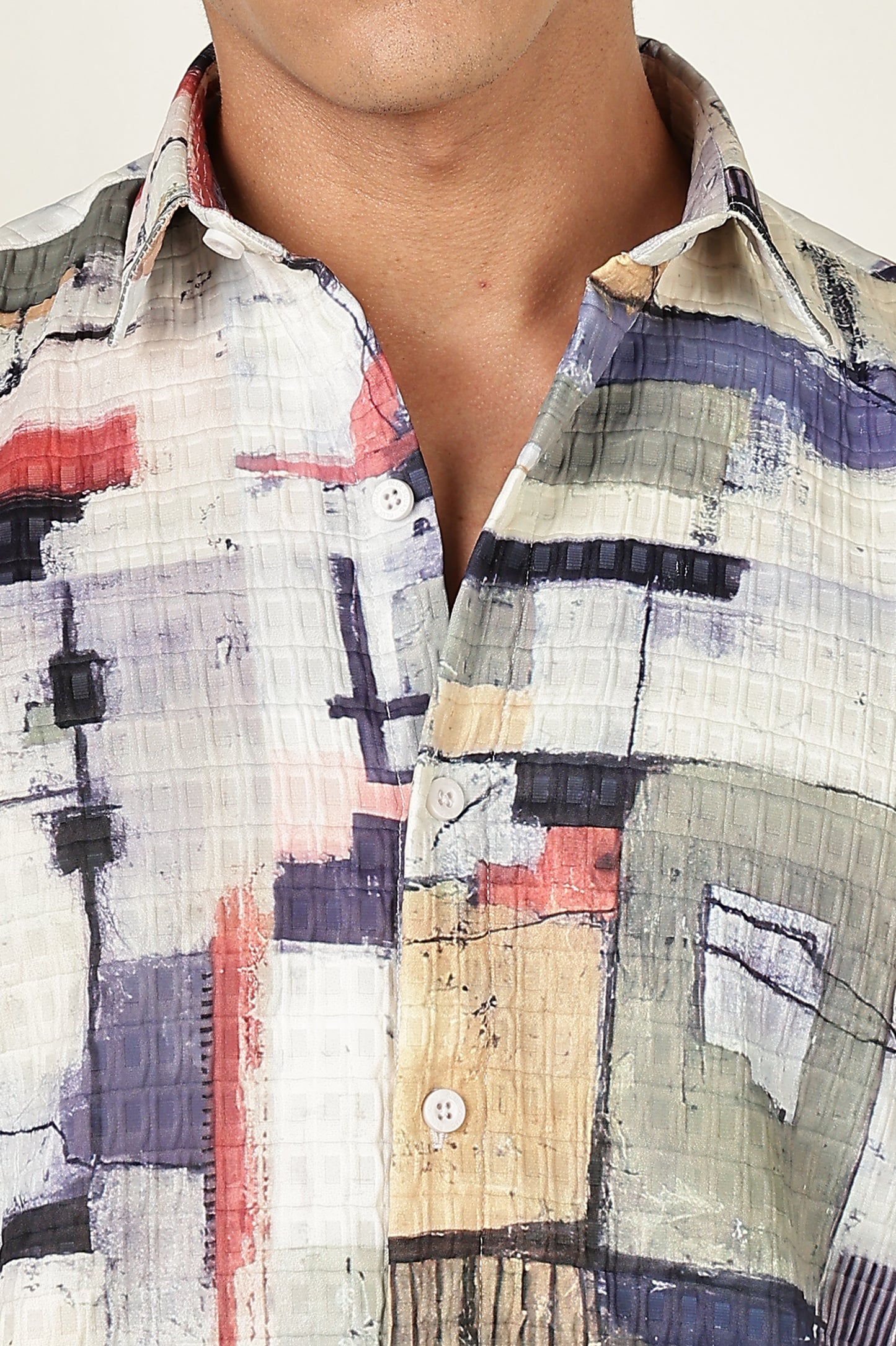 Men’s Painterly Block Print Short-Sleeve Shirt with Woven Grid Texture