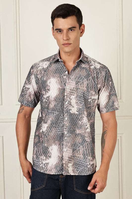 Men’s Abstract Brushstroke Printed Short-Sleeve Shirt – Charcoal & Taupe