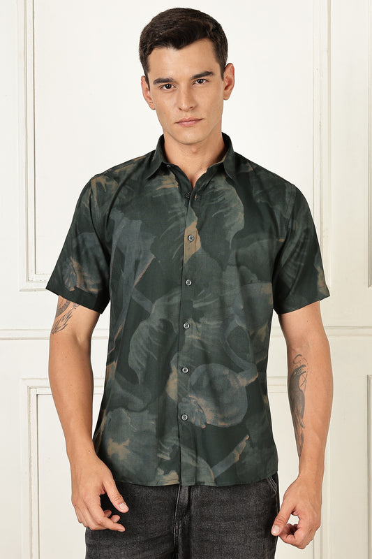 Men’s Shadow Floral Print Short-Sleeve Shirt – Forest/Moss