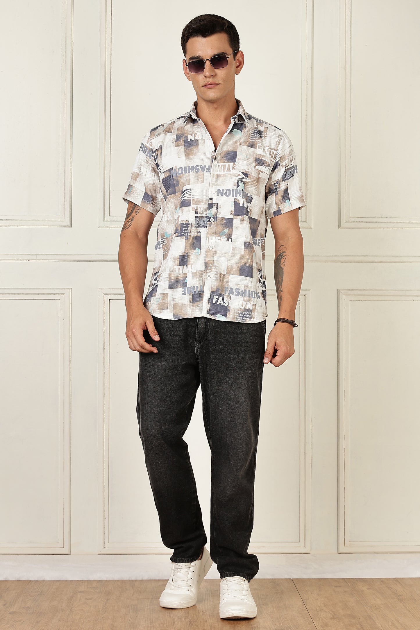 Men’s Typography Collage Print Short-Sleeve Shirt – Sand/Slate