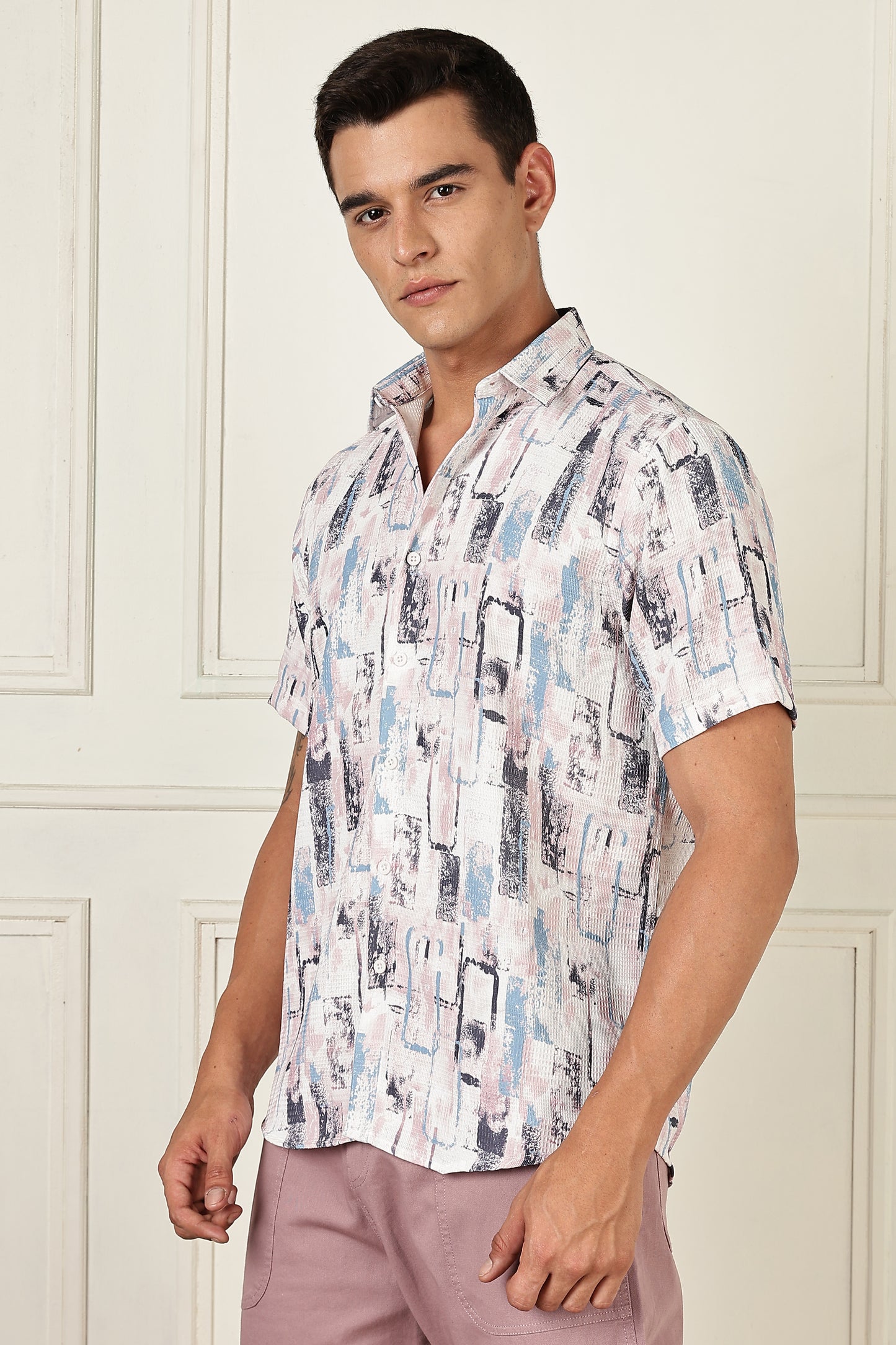 Men’s Pastel Block-Print Short-Sleeve Shirt – White/Blue/Mauve