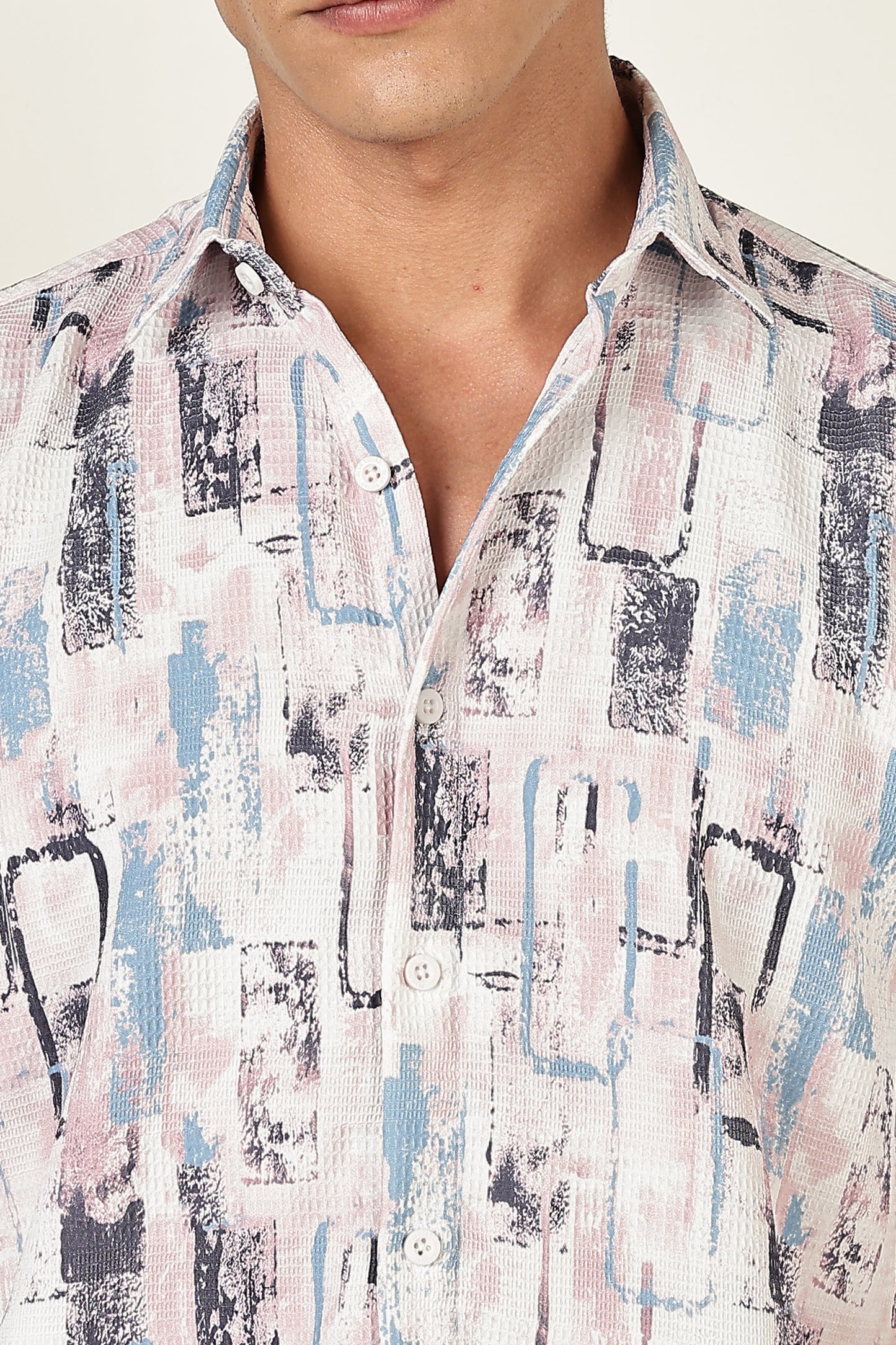 Men’s Pastel Block-Print Short-Sleeve Shirt – White/Blue/Mauve