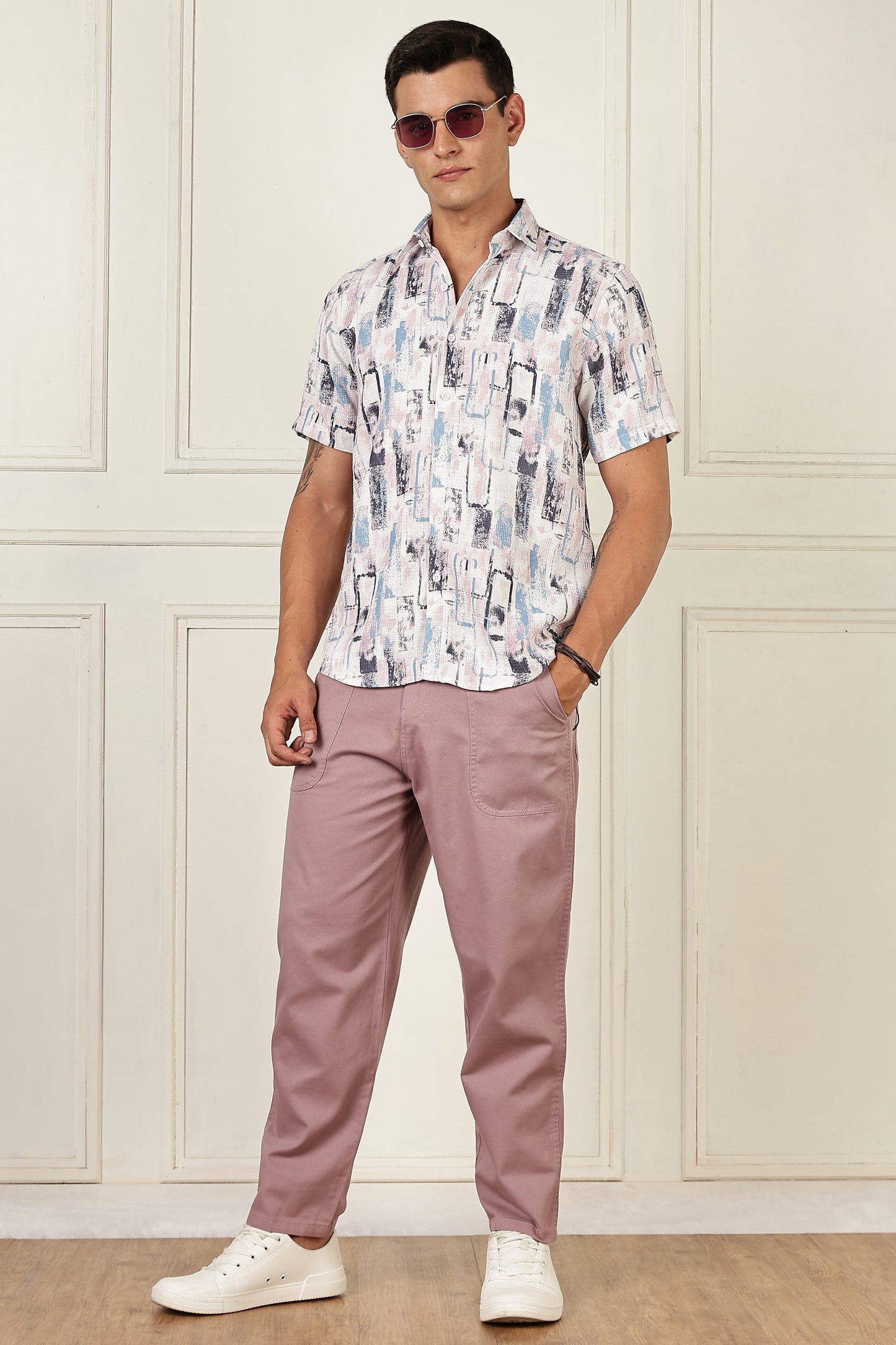 Men’s Pastel Block-Print Short-Sleeve Shirt – White/Blue/Mauve