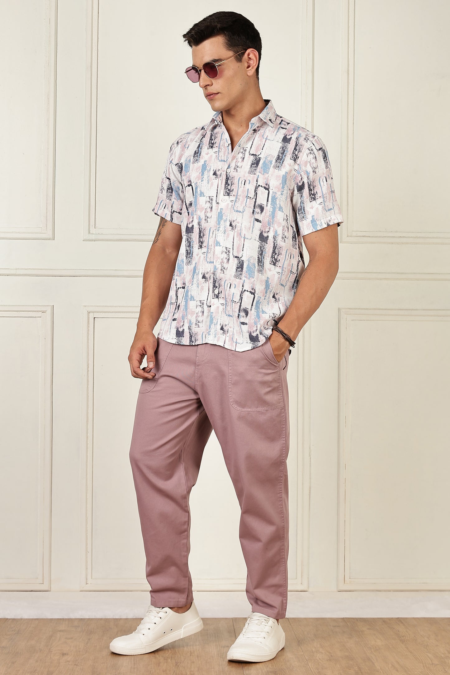 Men’s Pastel Block-Print Short-Sleeve Shirt – White/Blue/Mauve