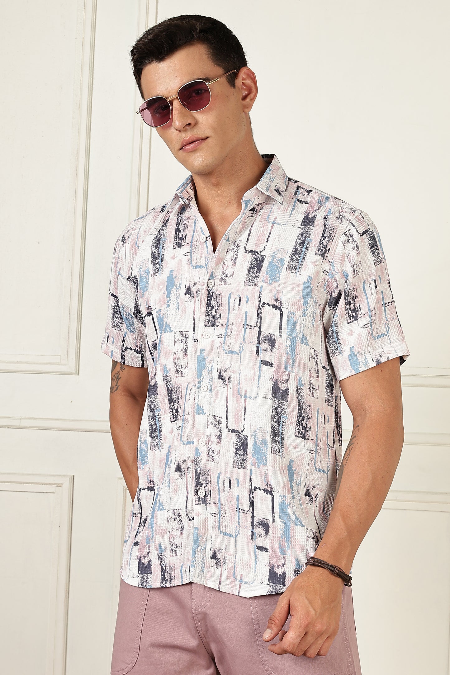 Men’s Pastel Block-Print Short-Sleeve Shirt – White/Blue/Mauve