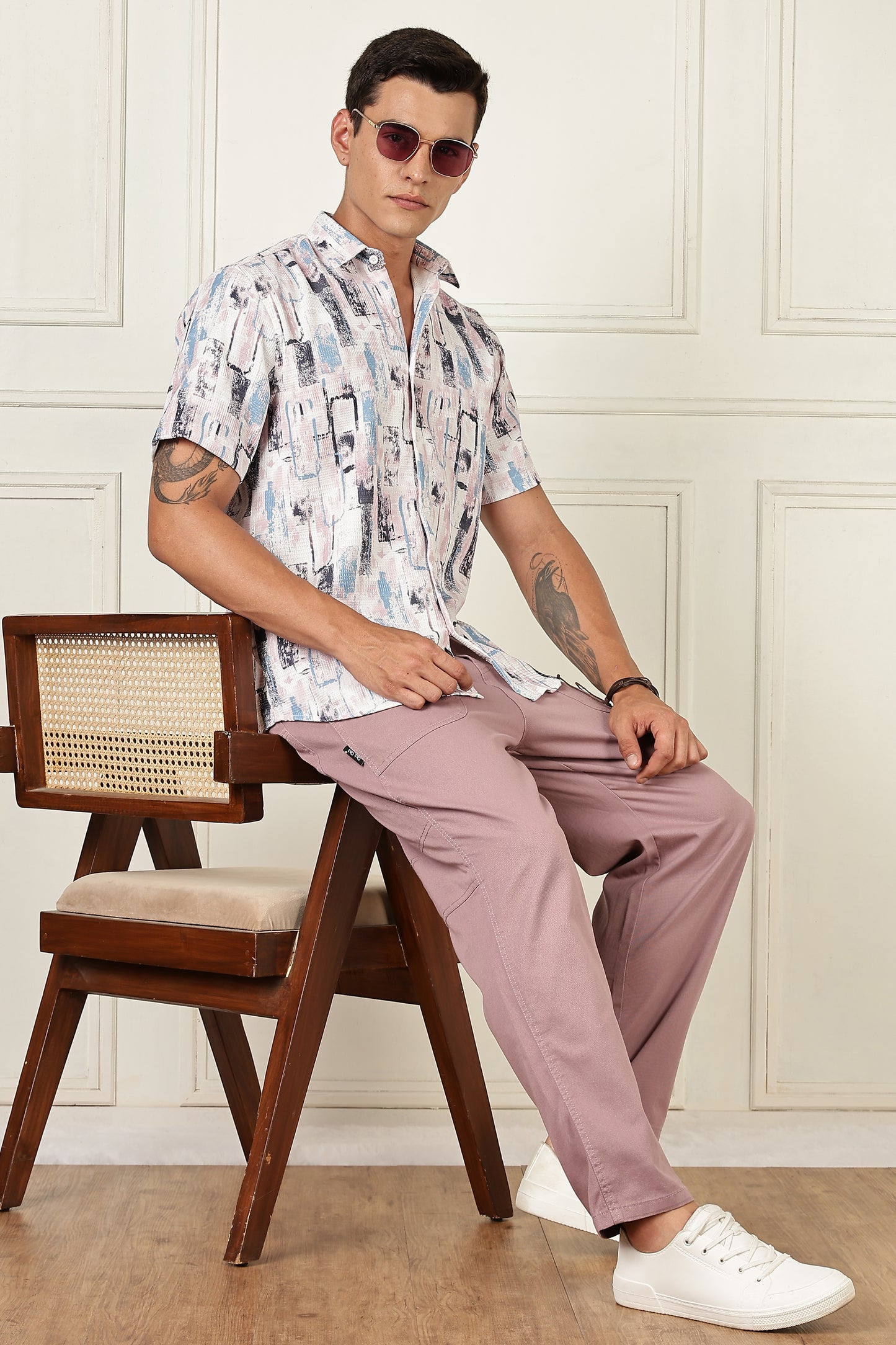 Men’s Pastel Block-Print Short-Sleeve Shirt – White/Blue/Mauve