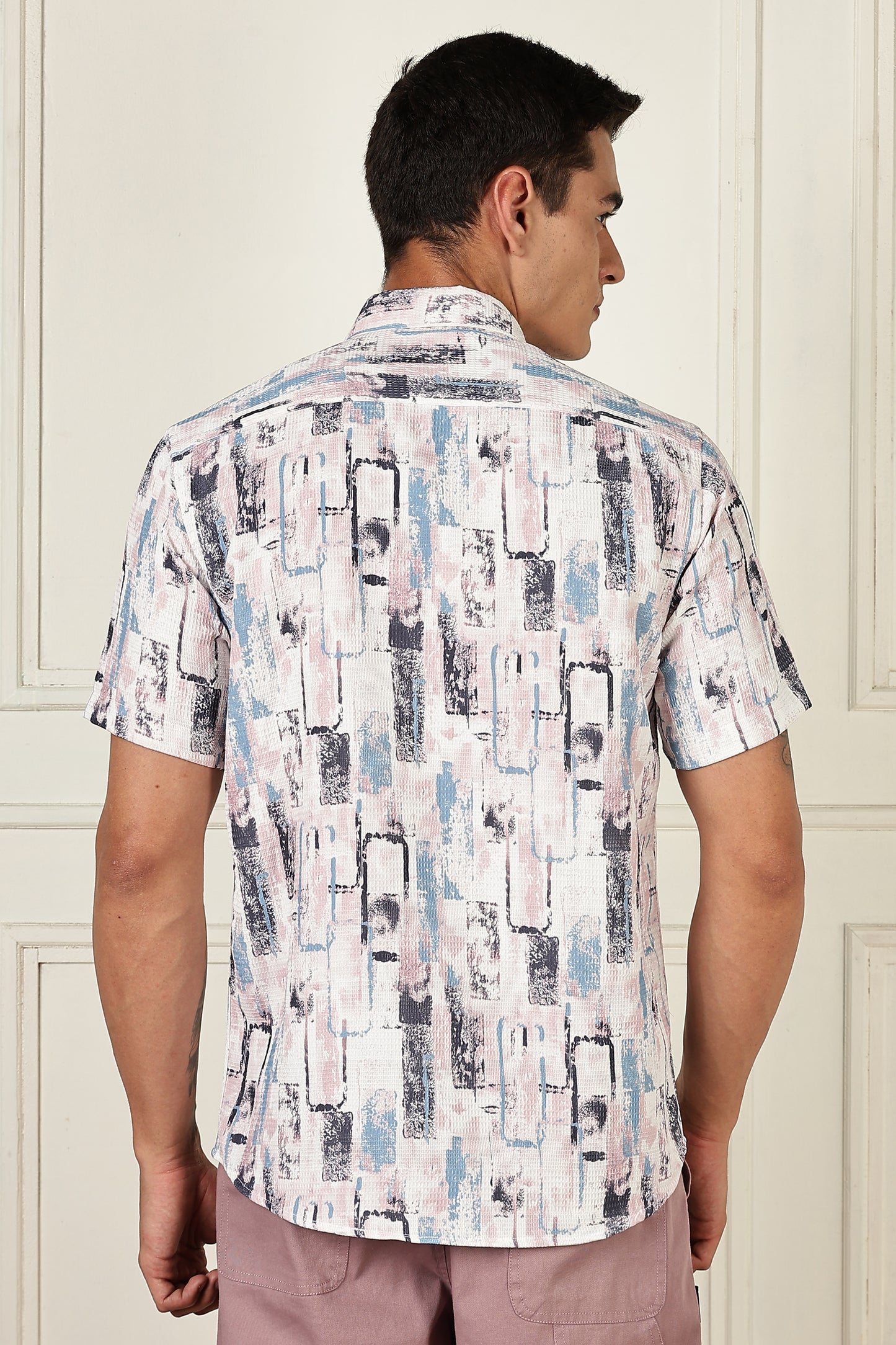 Men’s Pastel Block-Print Short-Sleeve Shirt – White/Blue/Mauve