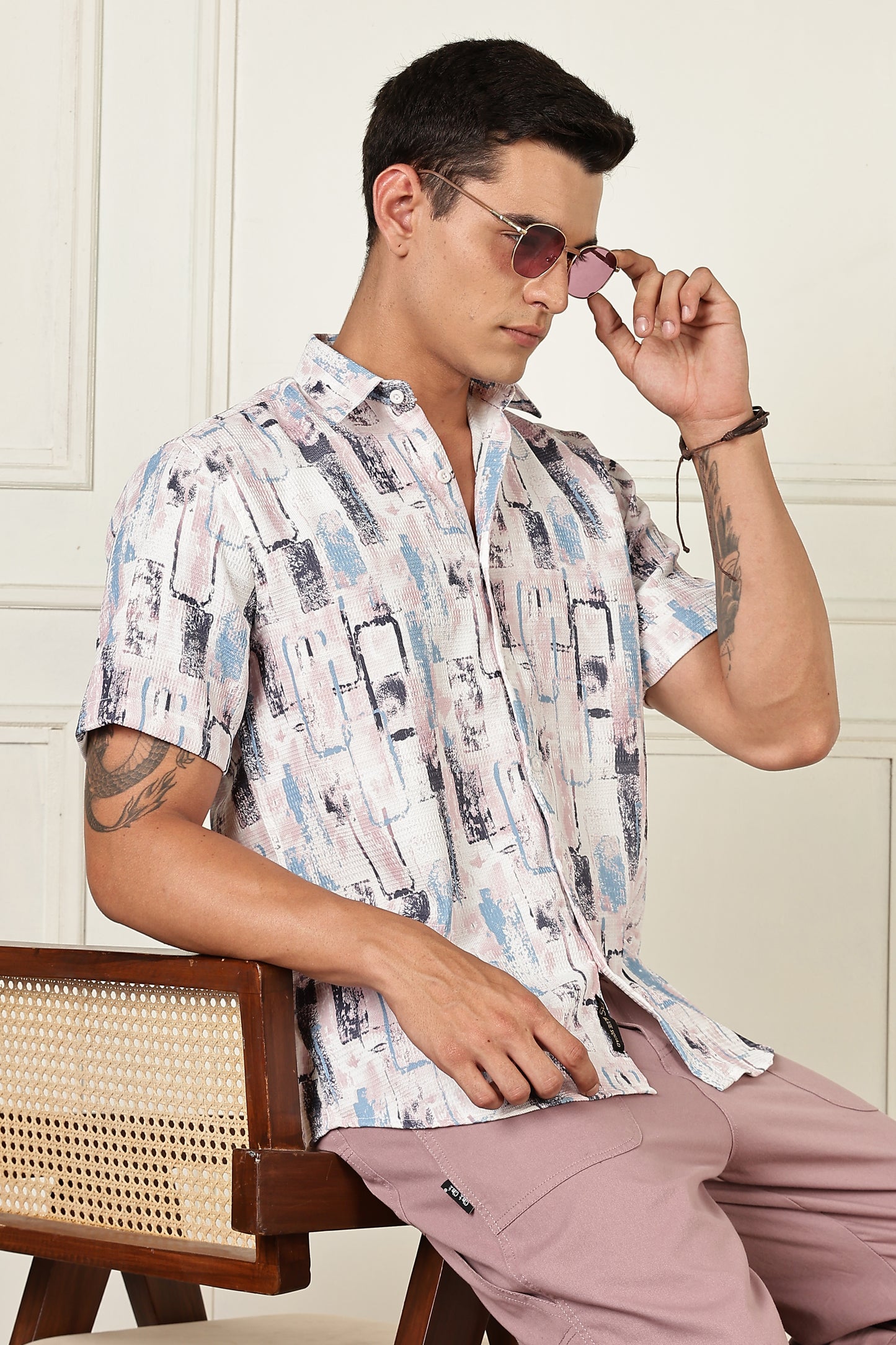 Men’s Pastel Block-Print Short-Sleeve Shirt – White/Blue/Mauve
