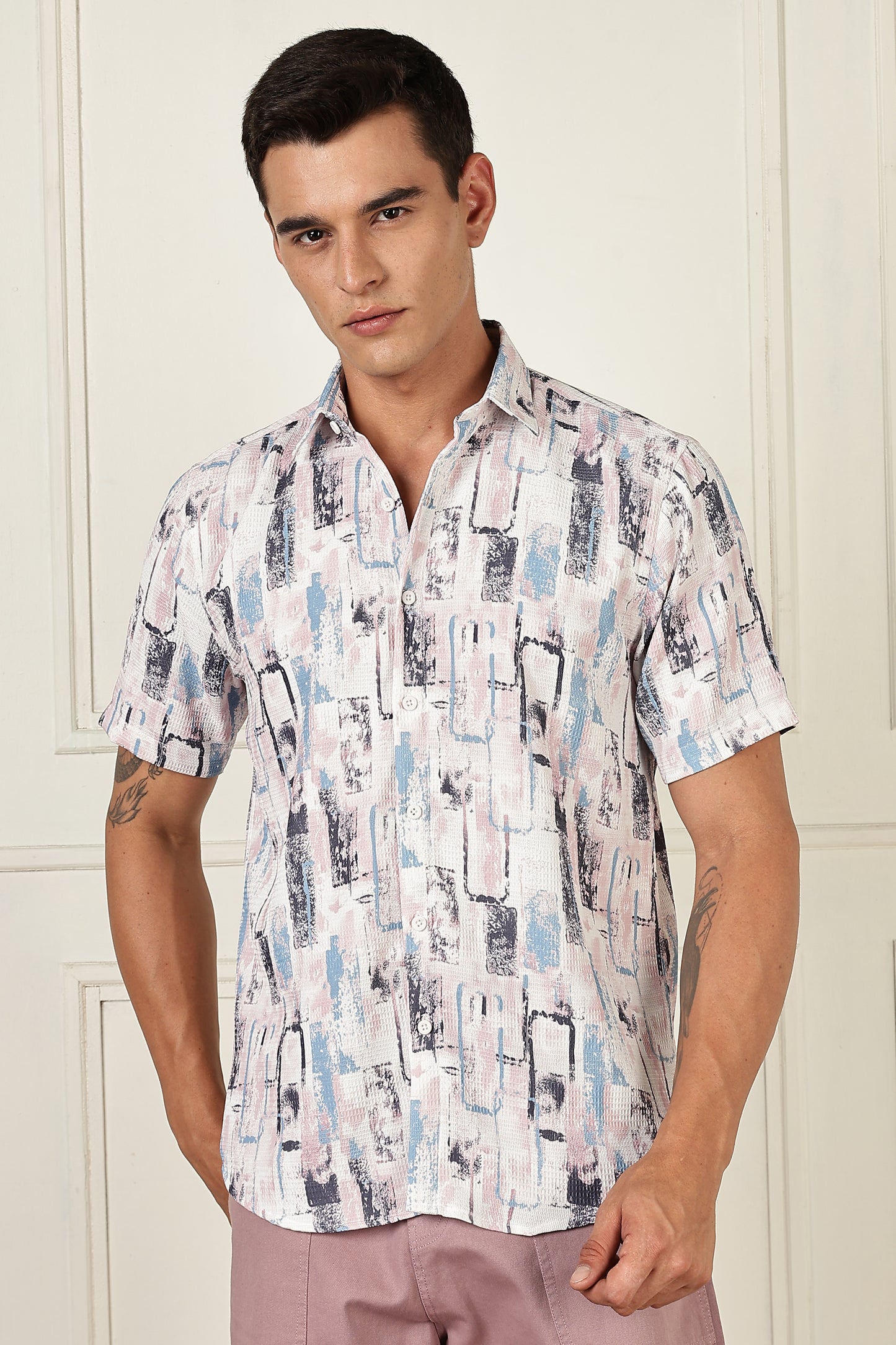 Men’s Pastel Block-Print Short-Sleeve Shirt – White/Blue/Mauve