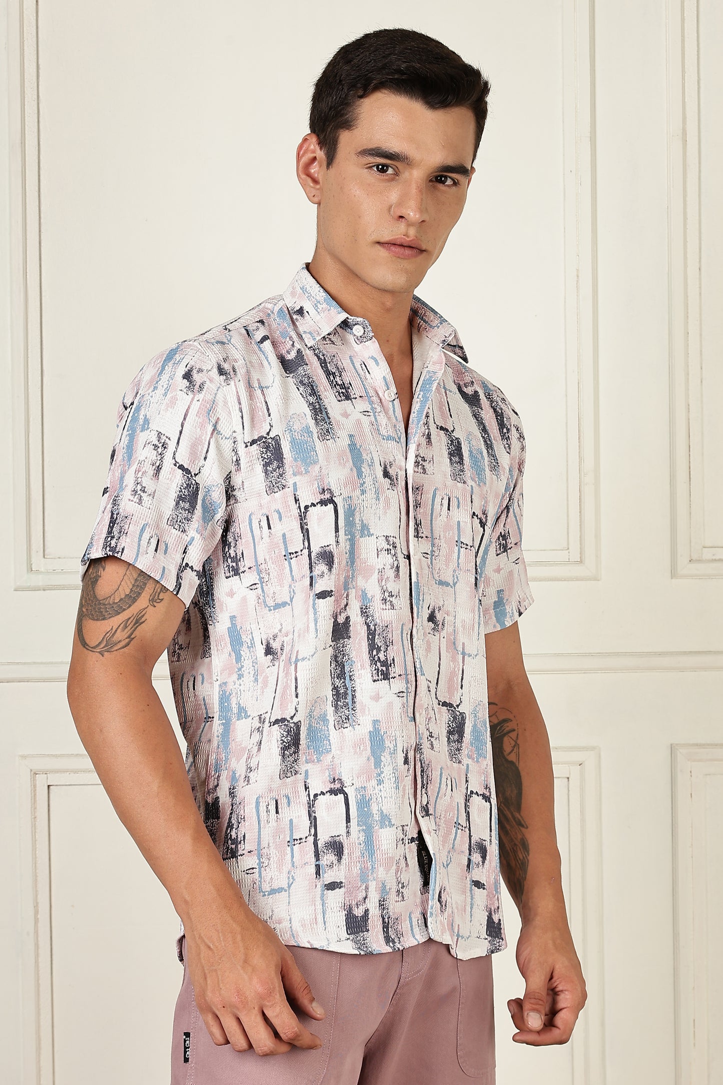Men’s Pastel Block-Print Short-Sleeve Shirt – White/Blue/Mauve