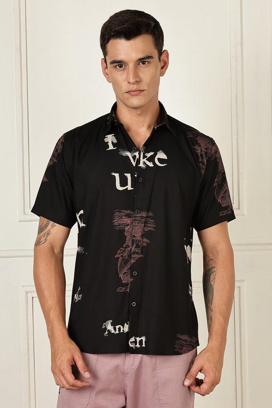 Men’s Distressed Typography Print Short-Sleeve Shirt – Black/Rose