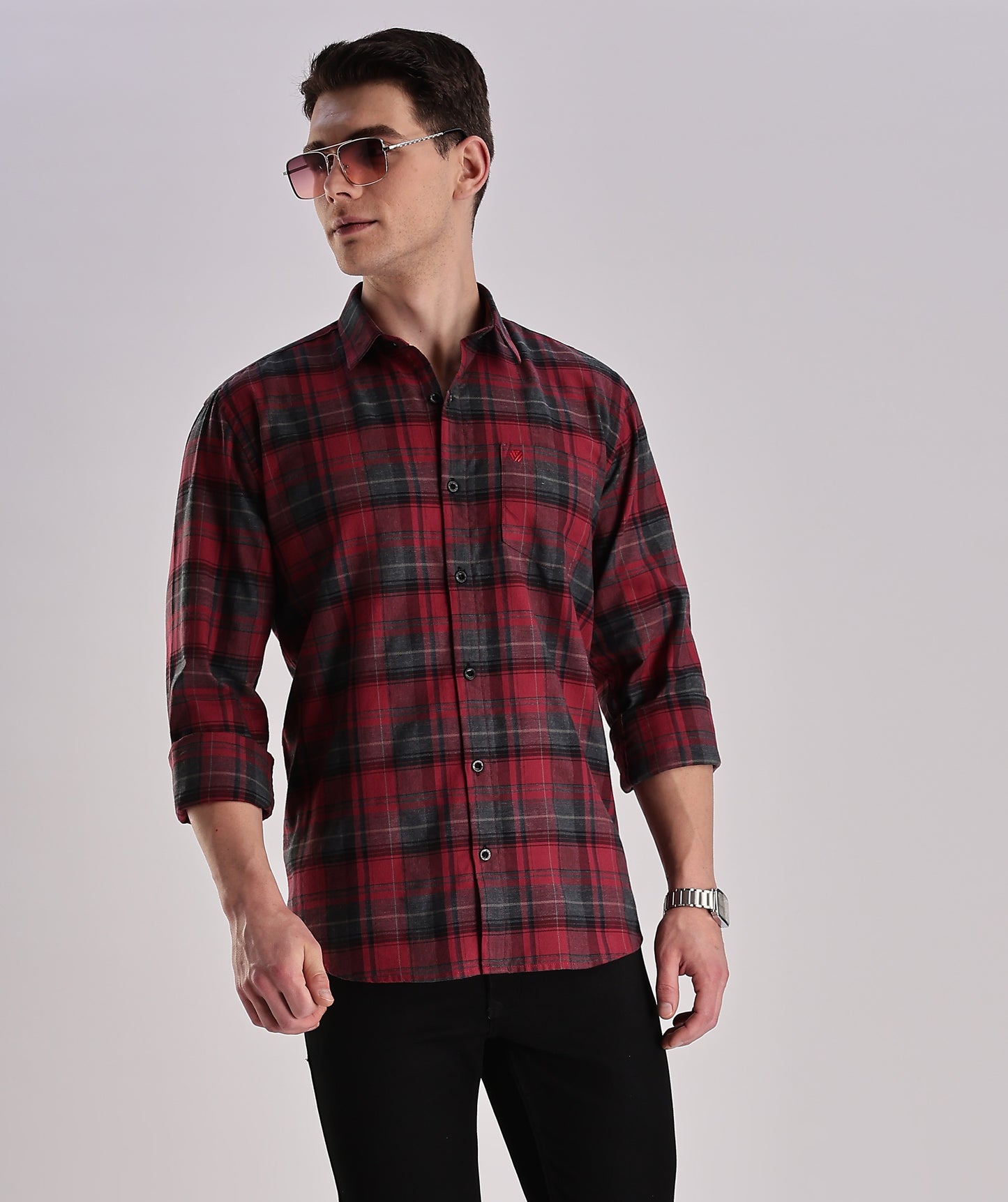 Men’s Brushed Plaid Long-Sleeve Shirt – Red & Charcoal